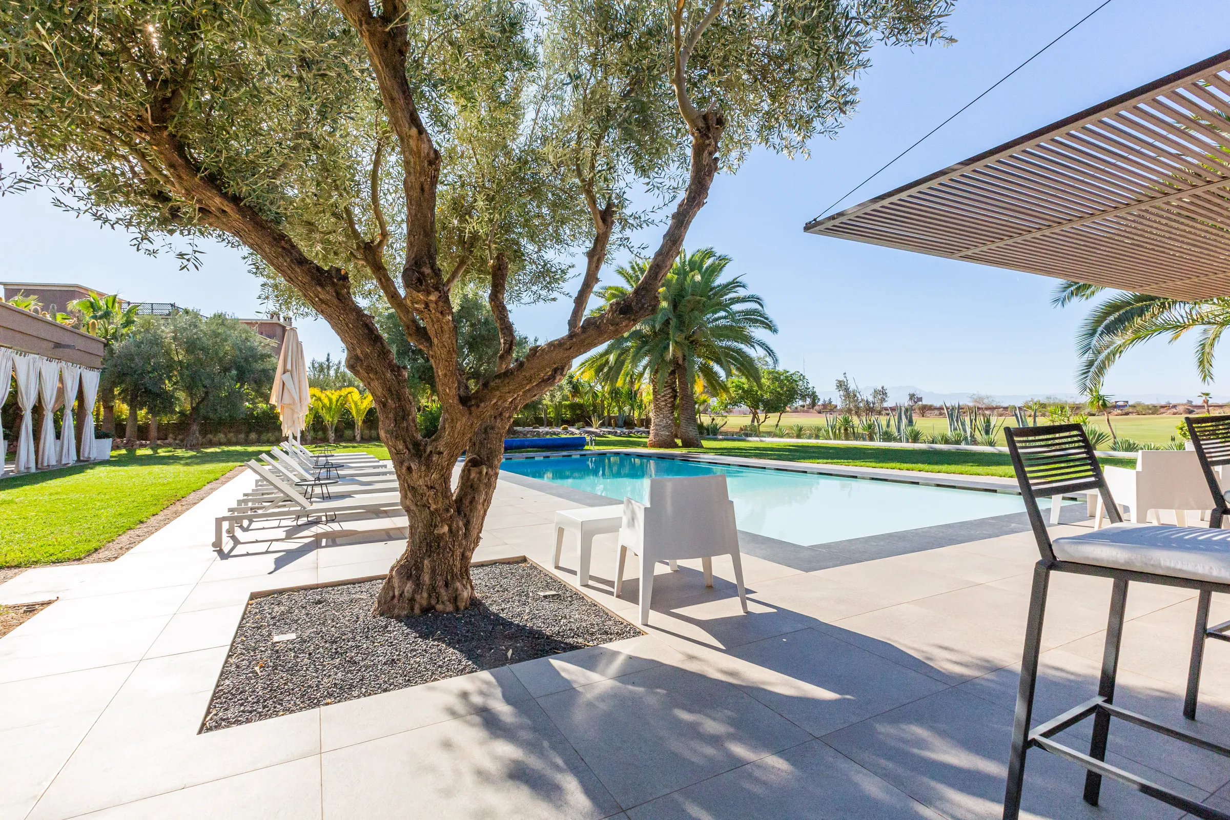 Villa Ismene, private villa rental at Samanah Golf, Marrakech: pool terrace with an olive tree and bar stools