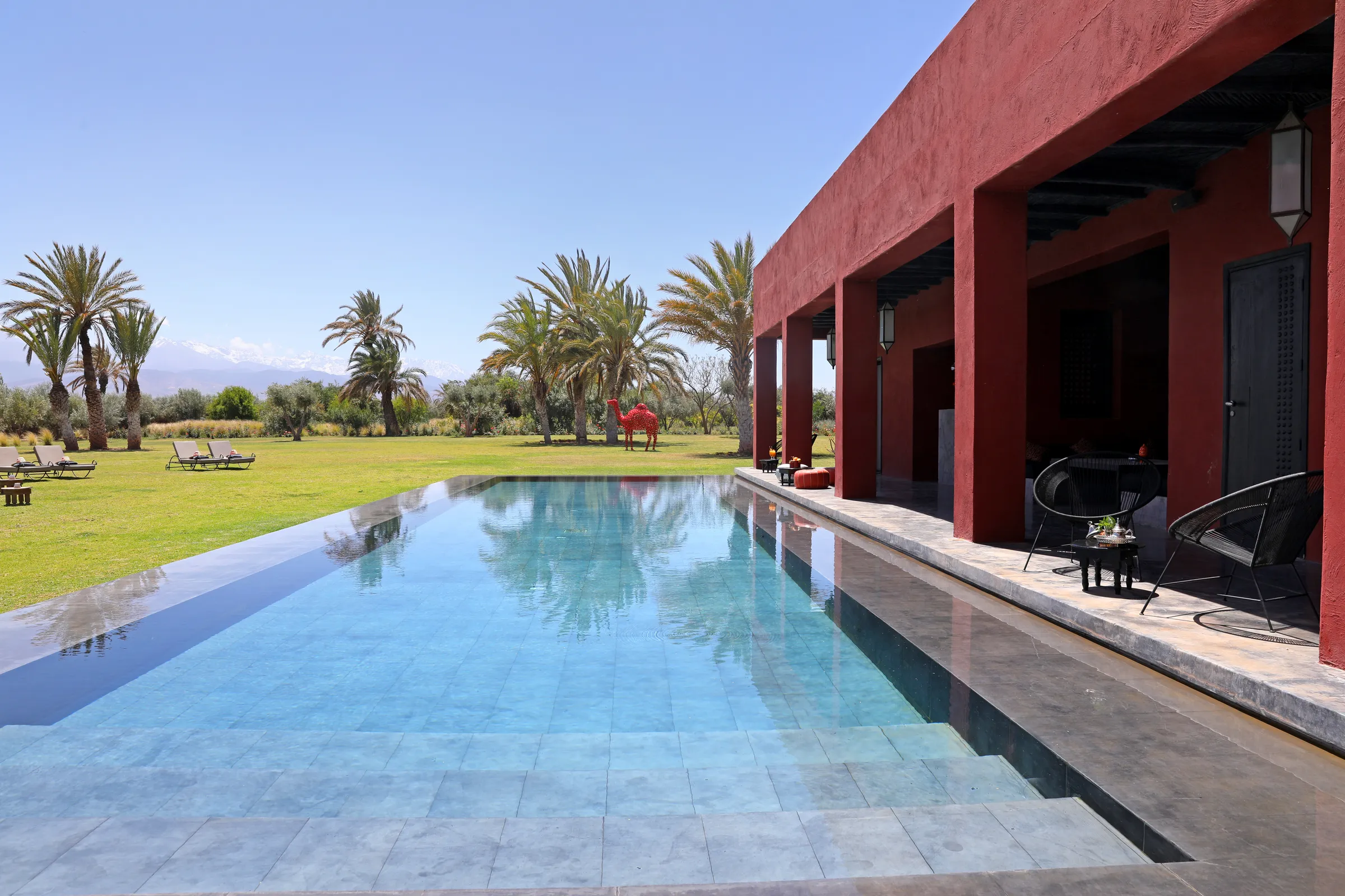 Villa Iliana, private villa rental on the Route de l'Ourika, Marrakech: pool, lawn and palm trees beside the covered terrace