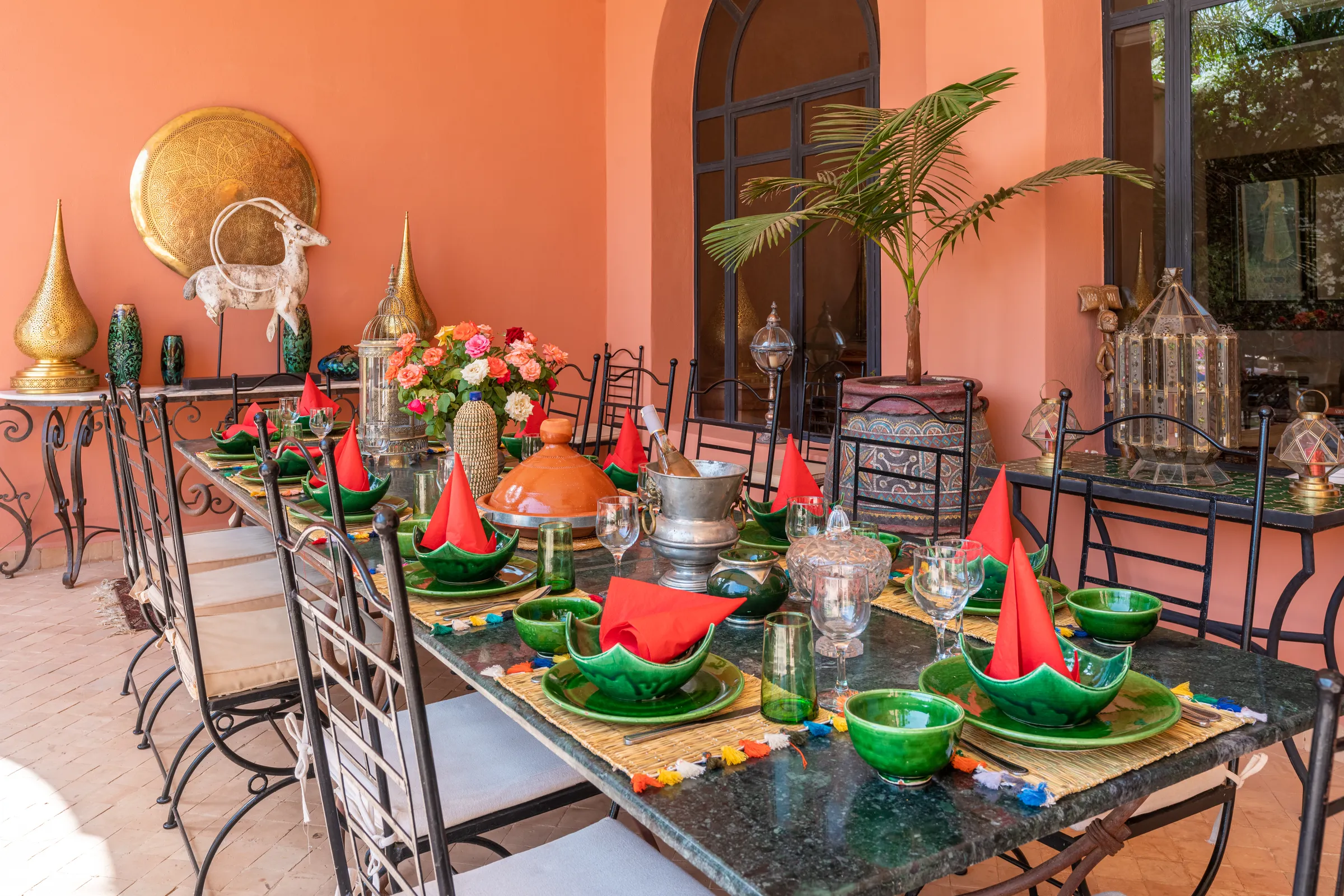 Villa Lyra, private villa rental in Ouled Hassoune, Marrakech: dining table set on the covered terrace