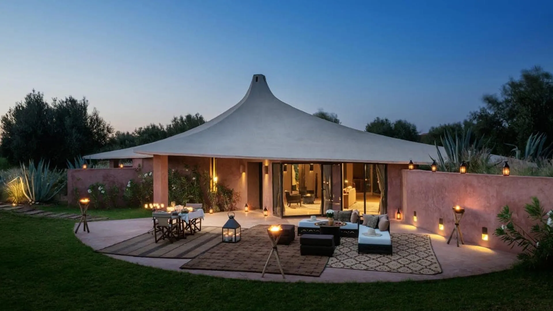 Villa Phaedra, private estate rental in Ouled Hassoune, Marrakech: tented pavilion and lounge on the lawn