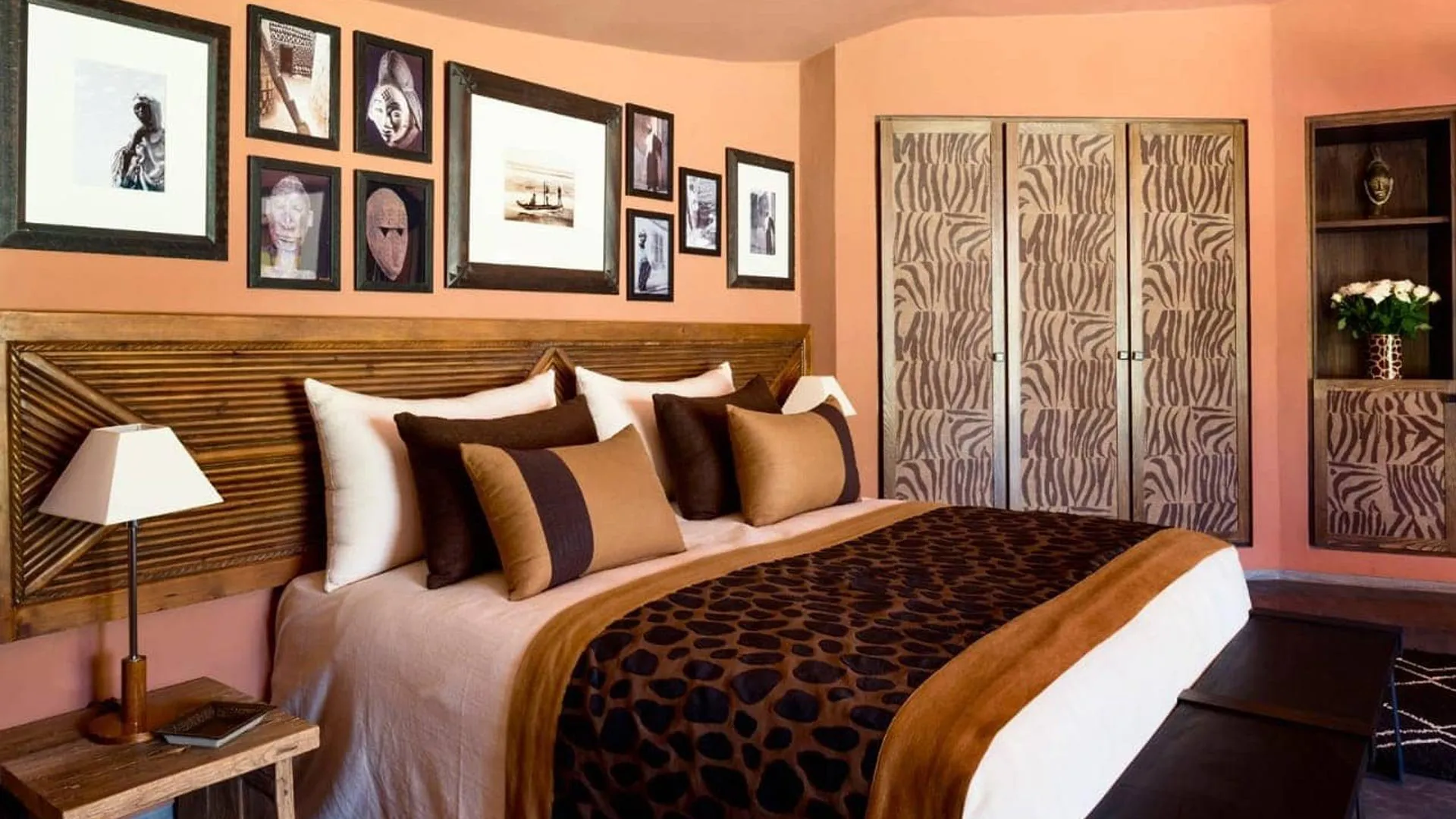 Villa Phaedra, private estate rental in Ouled Hassoune, Marrakech: bedroom with leopard print throw