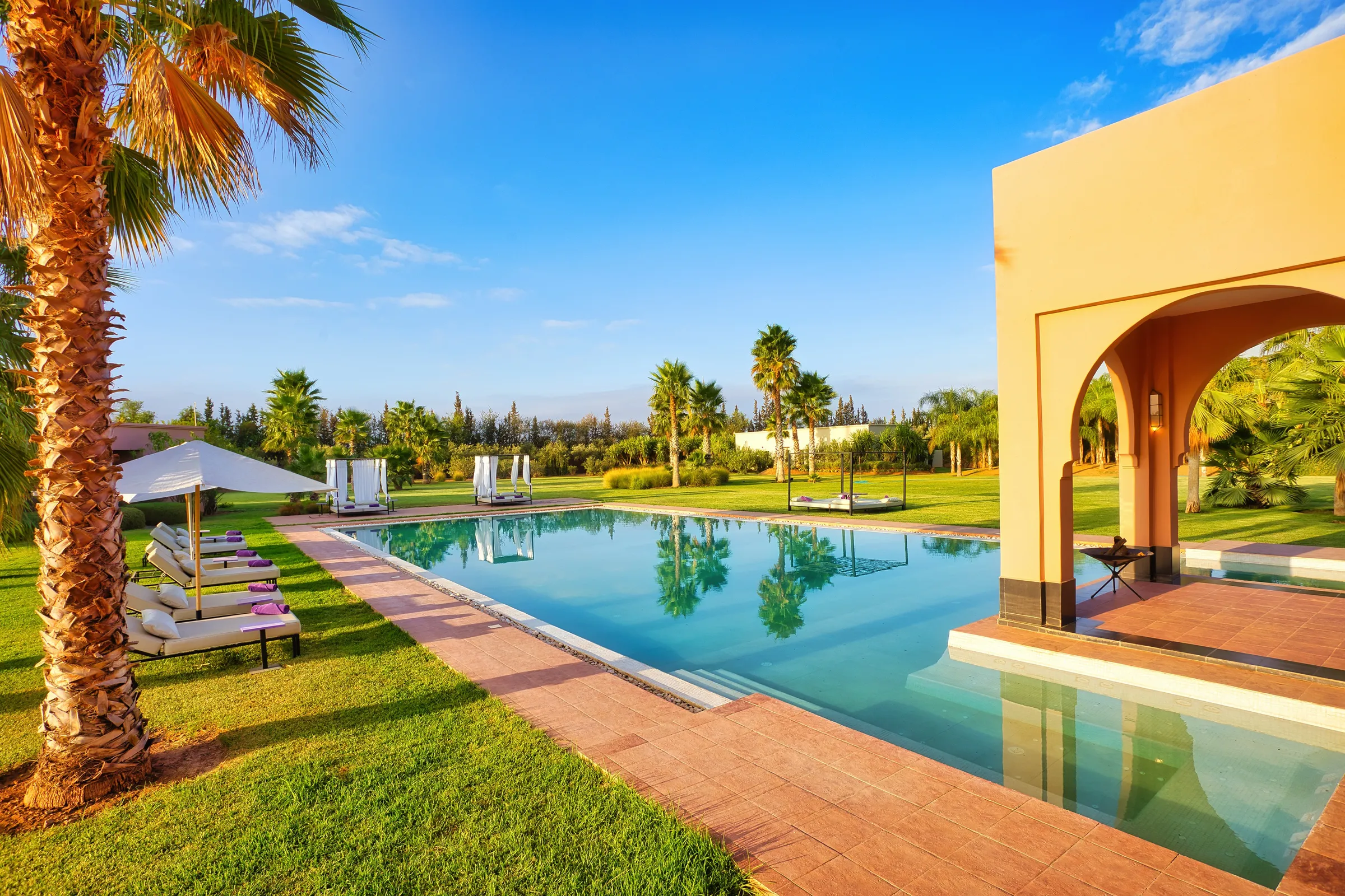 Villa Theia, private villa rental on the Route de l'Ourika, Marrakech: pool lined with sun loungers and palm trees, seen from the arcaded terrace