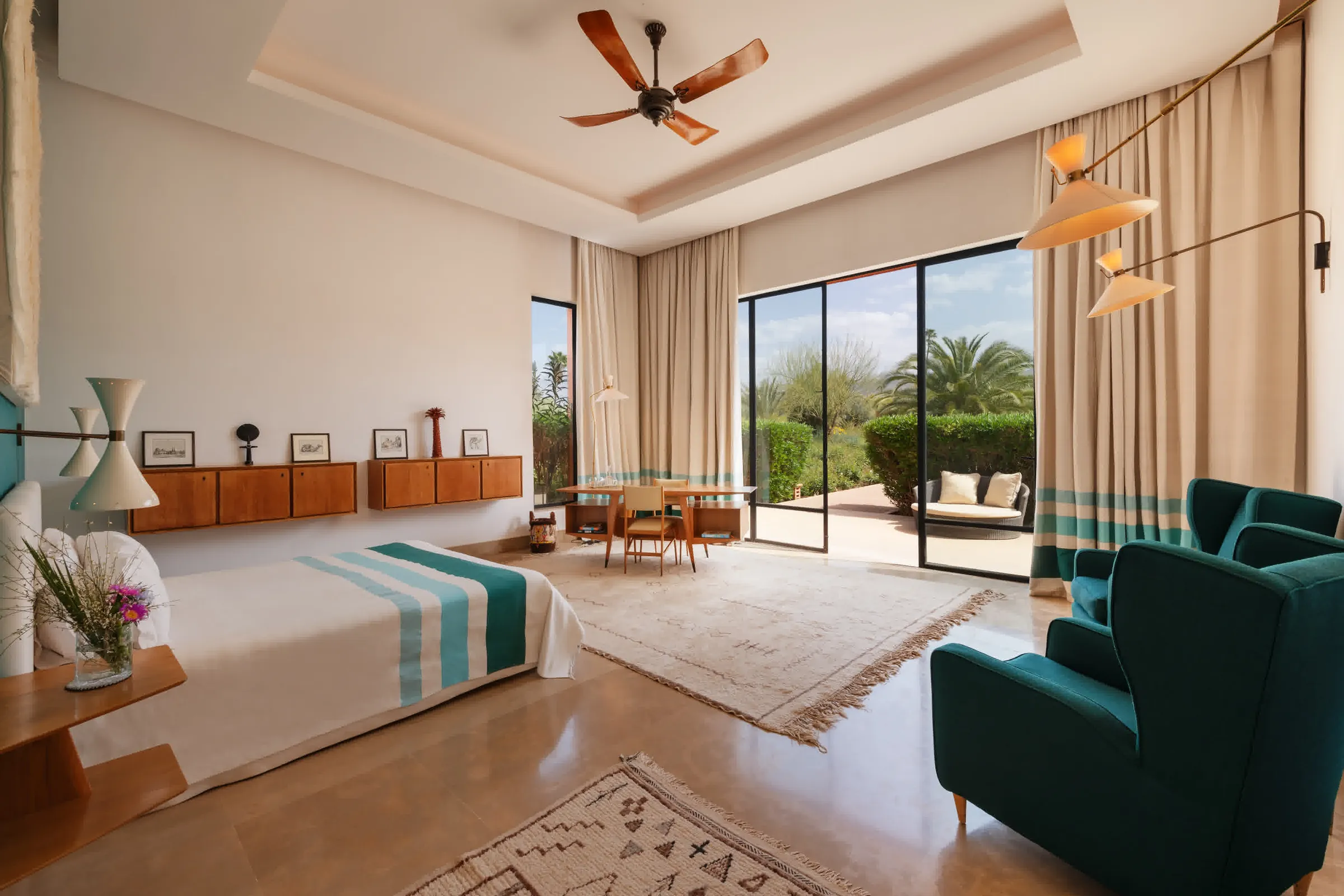 Villa Hera, private estate rental in the Ourika Valley near Marrakech: master suite with sitting area and garden access
