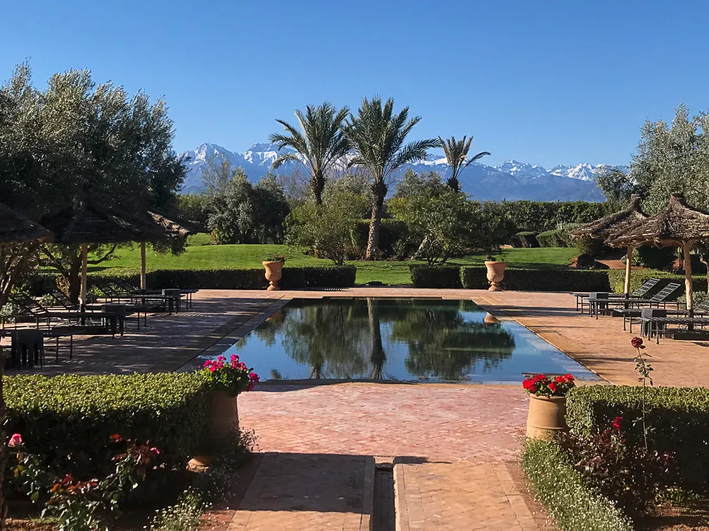 Villa Danae, private villa rental in Sidi Abdellah Ghiat, Marrakech: pool and gardens facing the snow-capped Atlas
