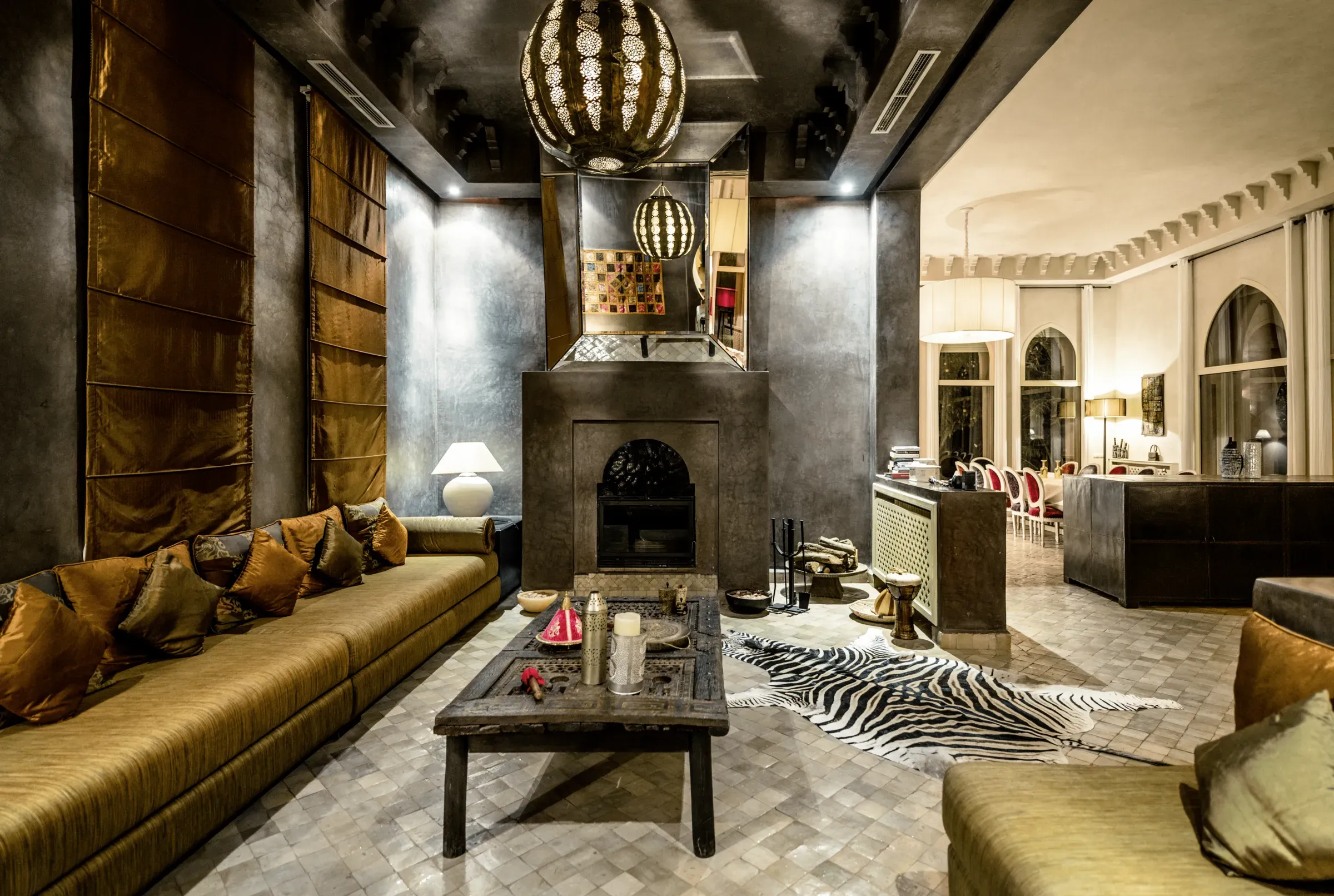 Villa Danae, private villa rental in Sidi Abdellah Ghiat, Marrakech: lounge with fireplace