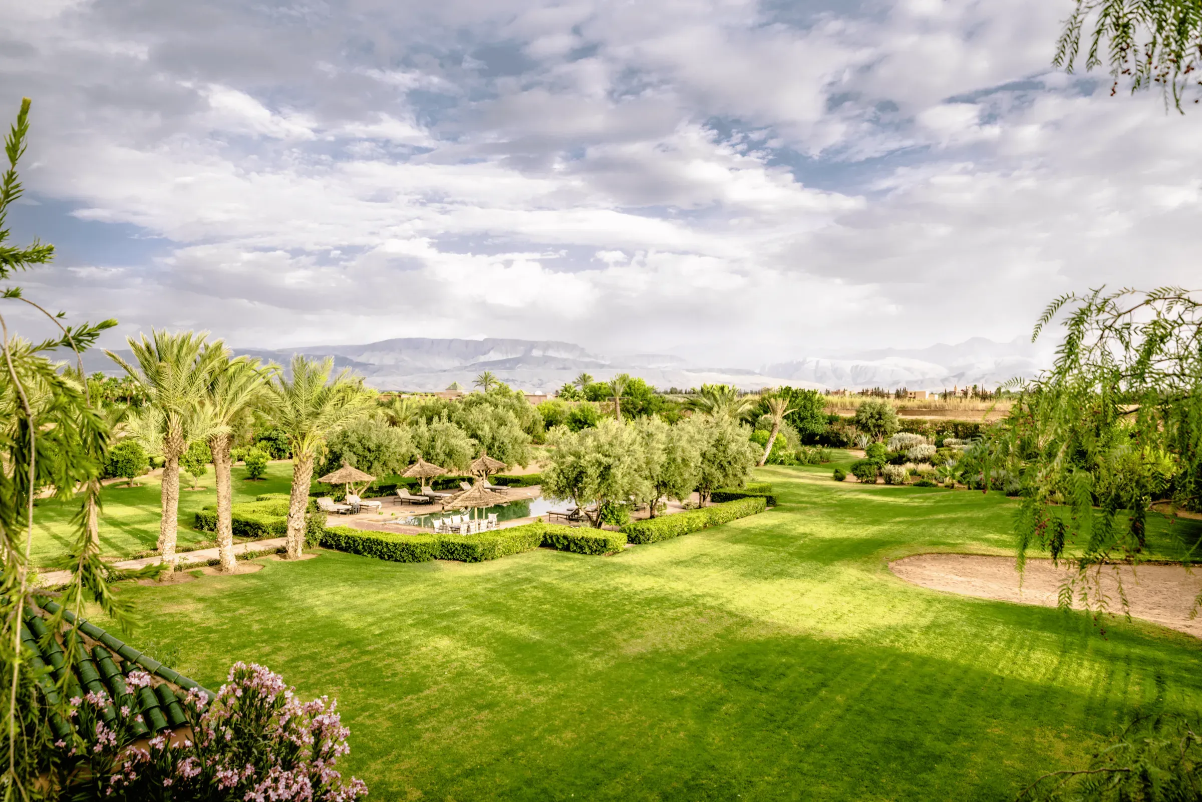 Villa Danae, private villa rental in Sidi Abdellah Ghiat, Marrakech: garden with Atlas view