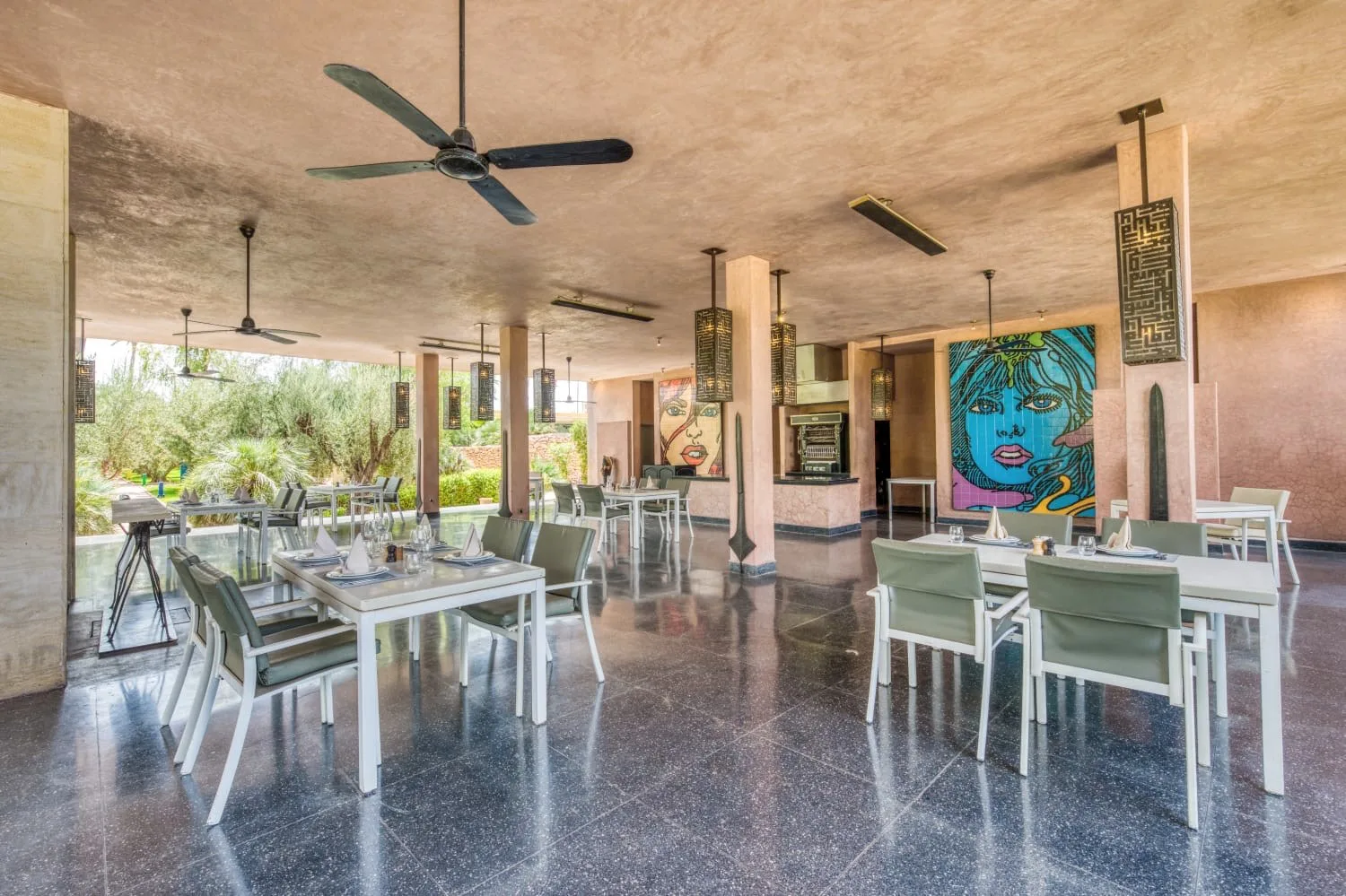 Villa Ianthe, private villa rental in the Palmeraie, Marrakech: dining room open to the garden