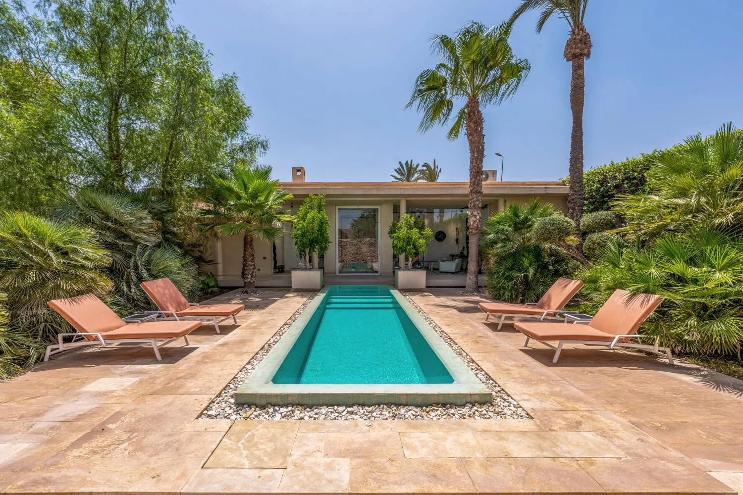 Villa Ianthe, private villa rental in the Palmeraie, Marrakech: private pool framed by palm trees in a lush garden