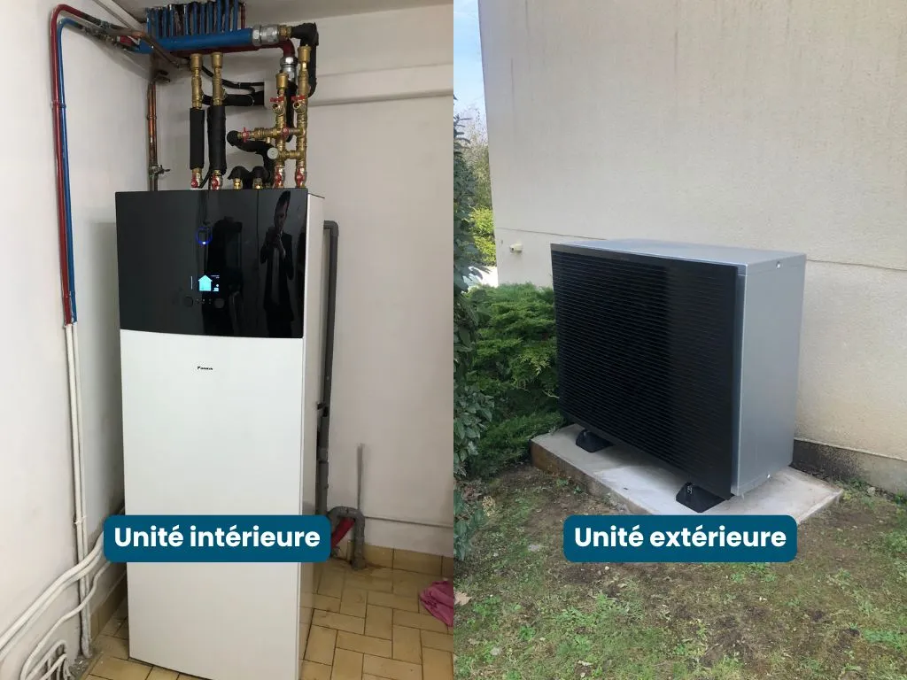 pompe à chaleur air eau unité intérieure et unité extérieure Daikin