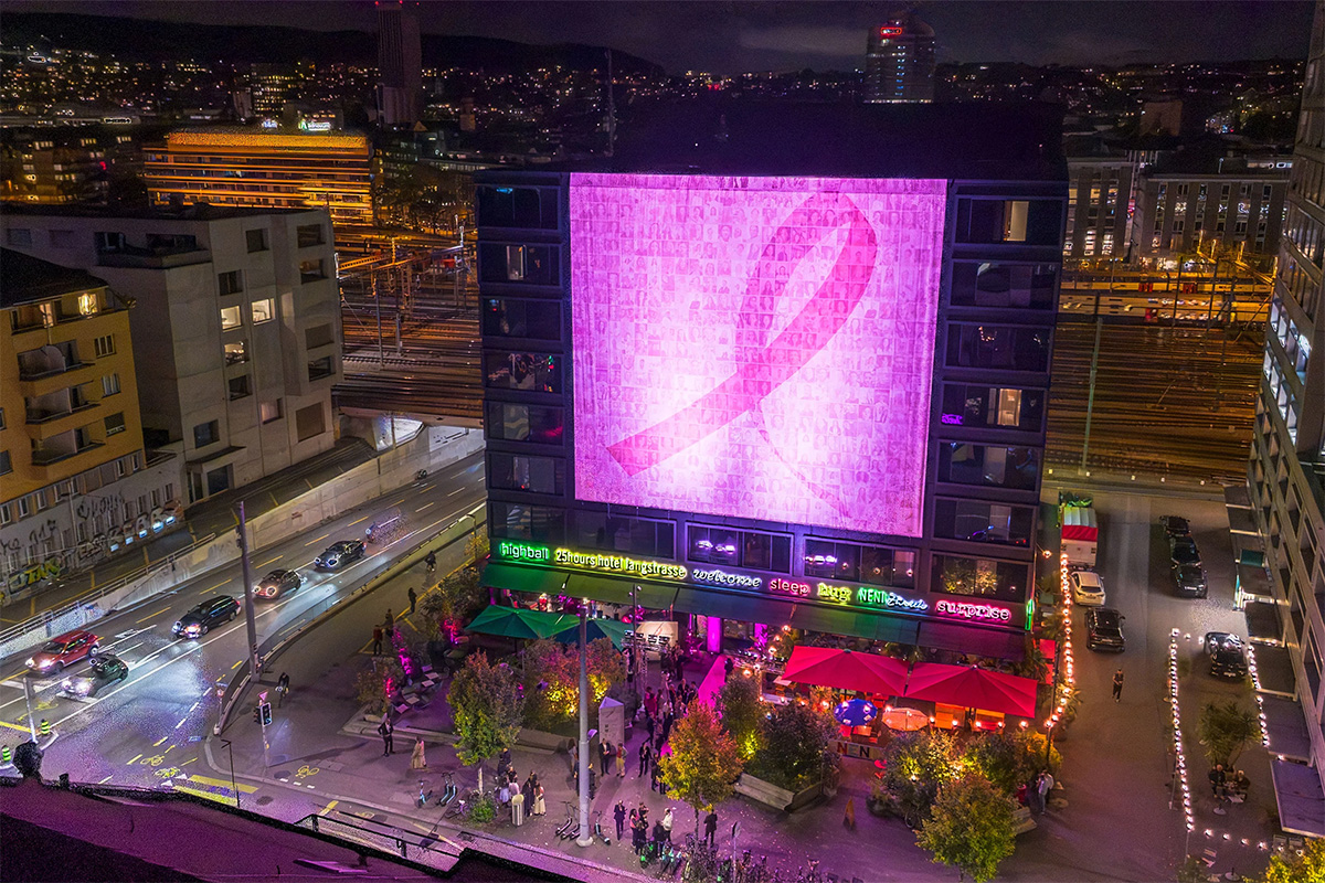 The large artwork on the facade of the 25hours Hotel in Zurich