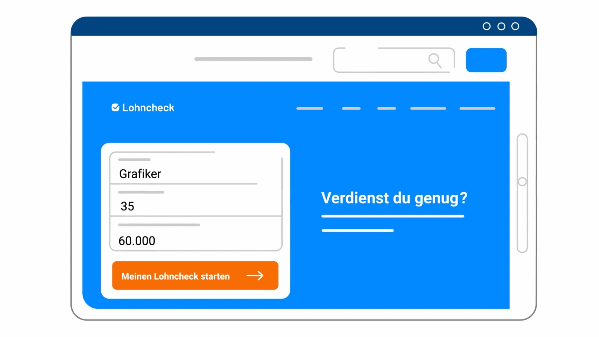 Illustration einer Website mit dem Tool «Lohncheck», das anhand von Beruf, Alter und Einkommen prüft, ob der aktuelle Lohn marktgerecht ist.