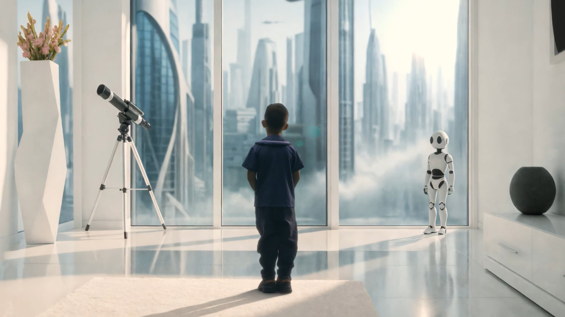 Kind und humanoider Roboter stehen vor einer grossen Fensterfront mit Blick auf eine futuristische Stadtlandschaft und symbolisieren das Zusammenspiel von Mensch, Technologie und Zukunft.