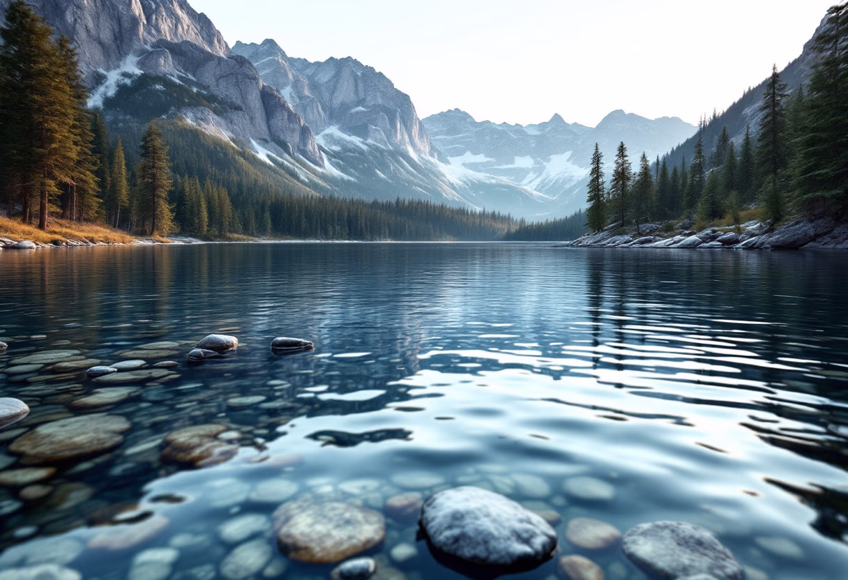 image of a secluded mountain lake surrounded by evergreen forests
