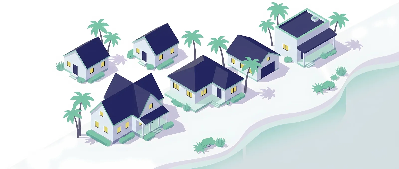Isometric illustration of coastal homes along a shoreline