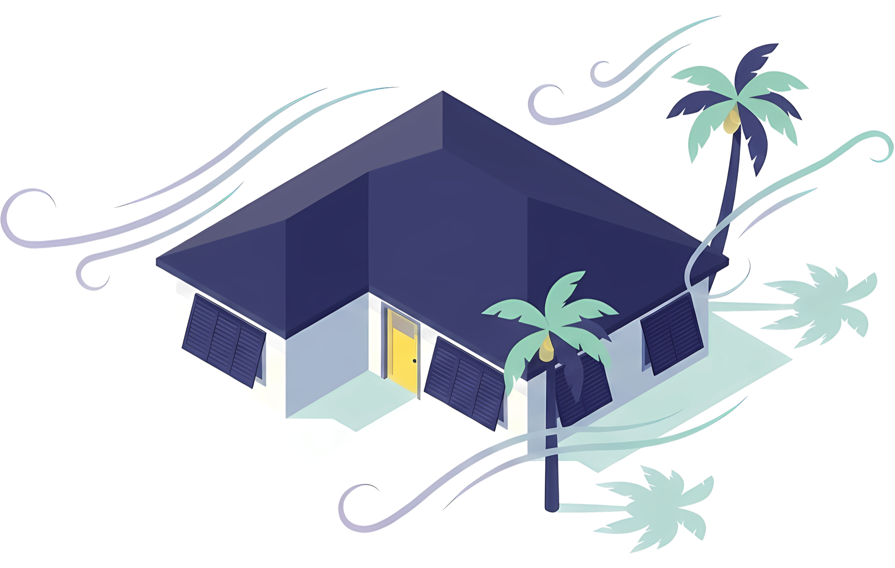 Shuttered Florida home with palm trees in high wind