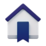 Icône de maison blanche avec un toit bleu et un signet bleu sur la façade.