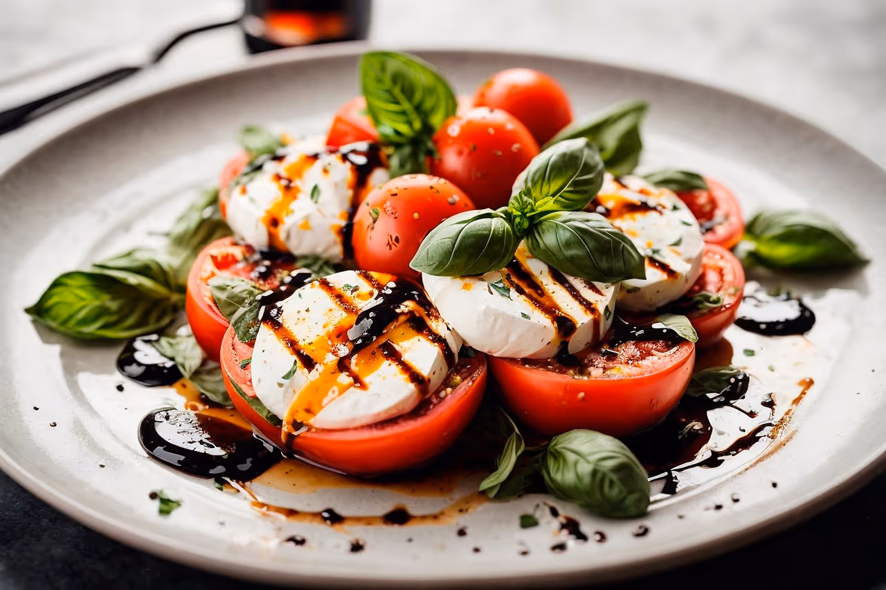 Plate of caprese salad with sliced mozzarella, tomatoes, fresh basil leaves, and balsamic glaze drizzled on top.