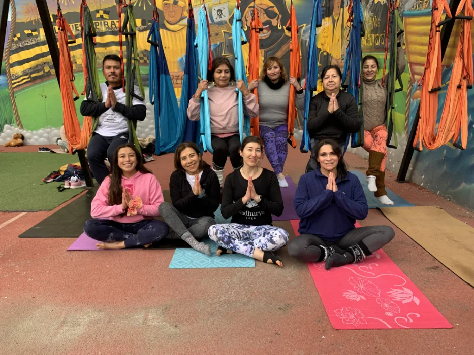 Group of eight people posing for a yoga class photo with some seated on mats in front and others using aerial yoga hammocks against a graffiti wall.