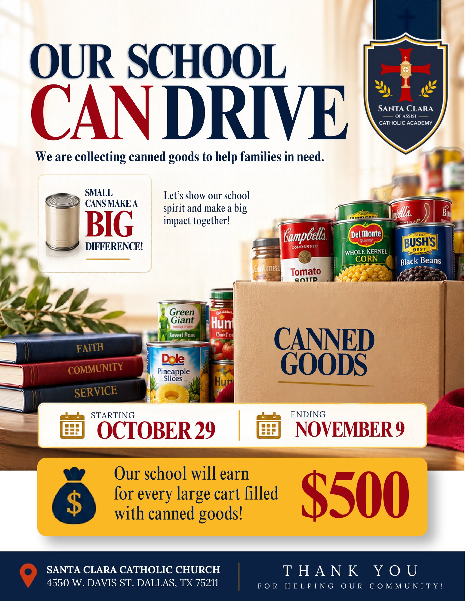 Our School Can Drive flyer: canned food drive at Santa Clara of Assisi Catholic Academy, October 29 to November 9