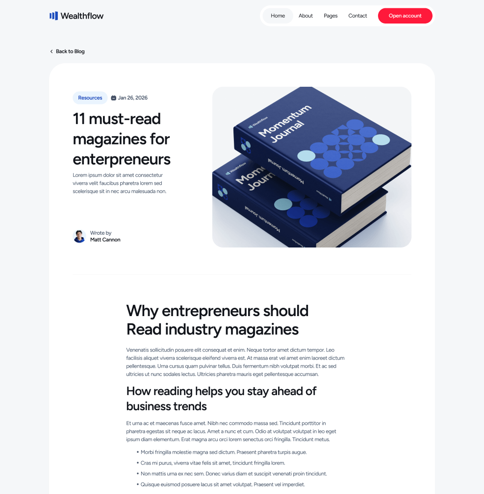 Wealthflow - Blog Post Main Page - Bank Webflow Template | BRIX Template