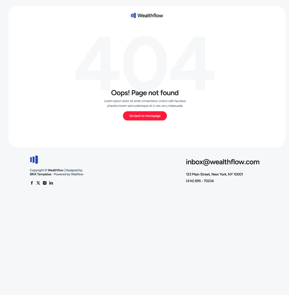 Wealthflow - 404 Not Found Utility Page - Bank Webflow Template | BRIX Template