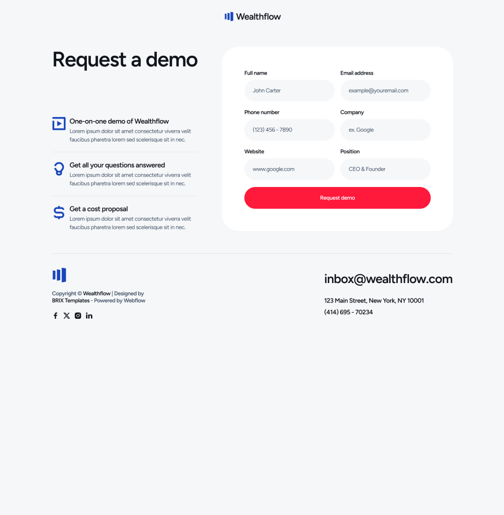 Wealthflow - Request A Demo Utility Page - Bank Webflow Template | BRIX Template