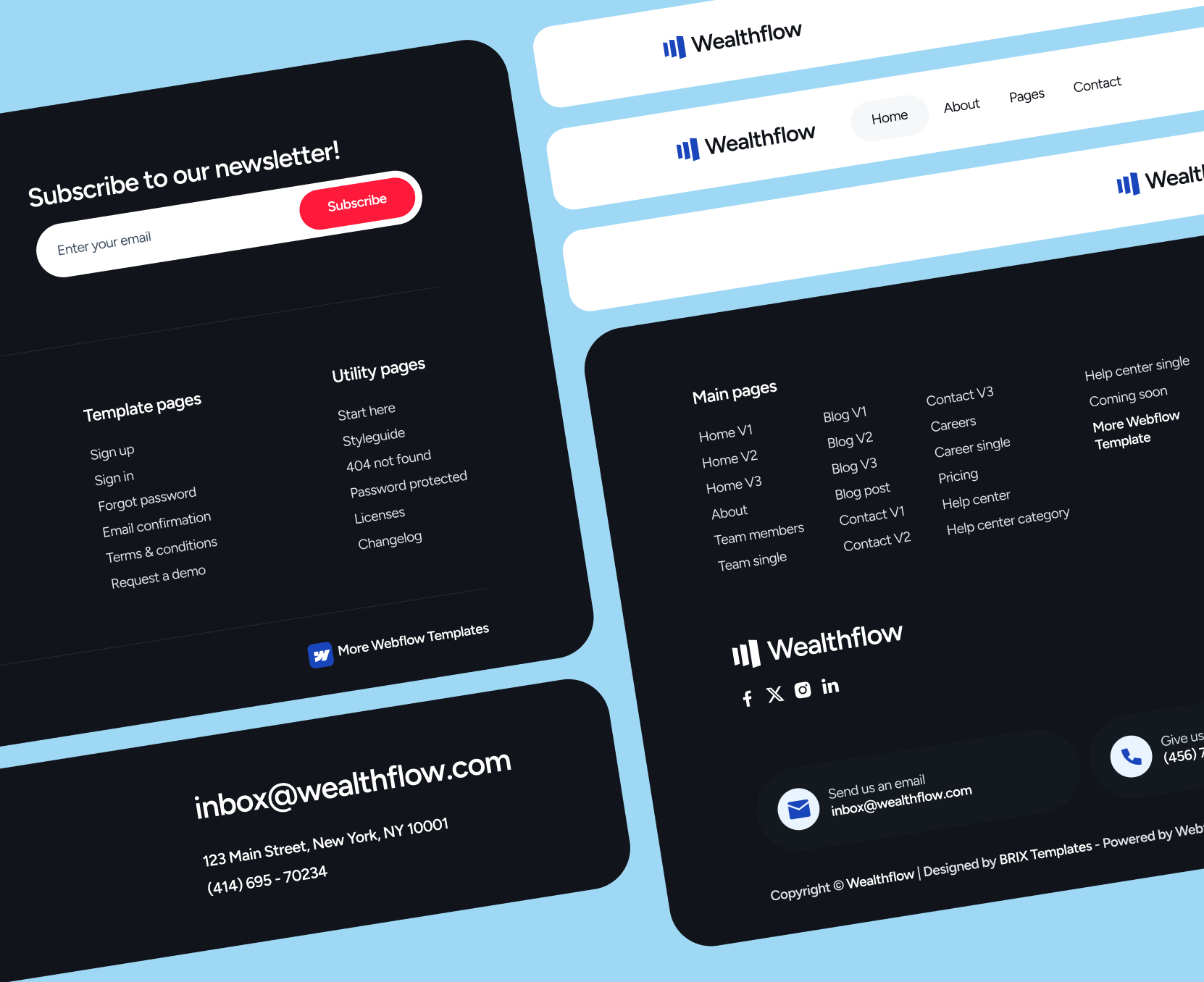 Wealthflow - 3 Headers Footers - Bank Webflow Template | BRIX Template