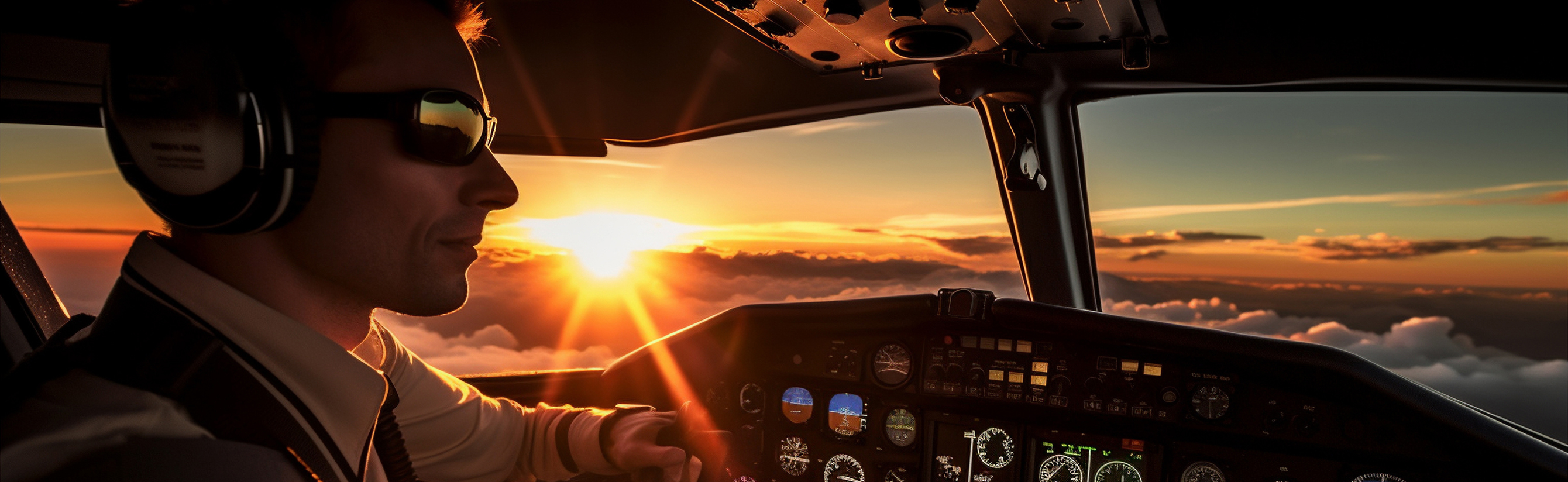 Pilot wearing headset and sunglasses flying a plane with sunset and clouds outside the cockpit window.