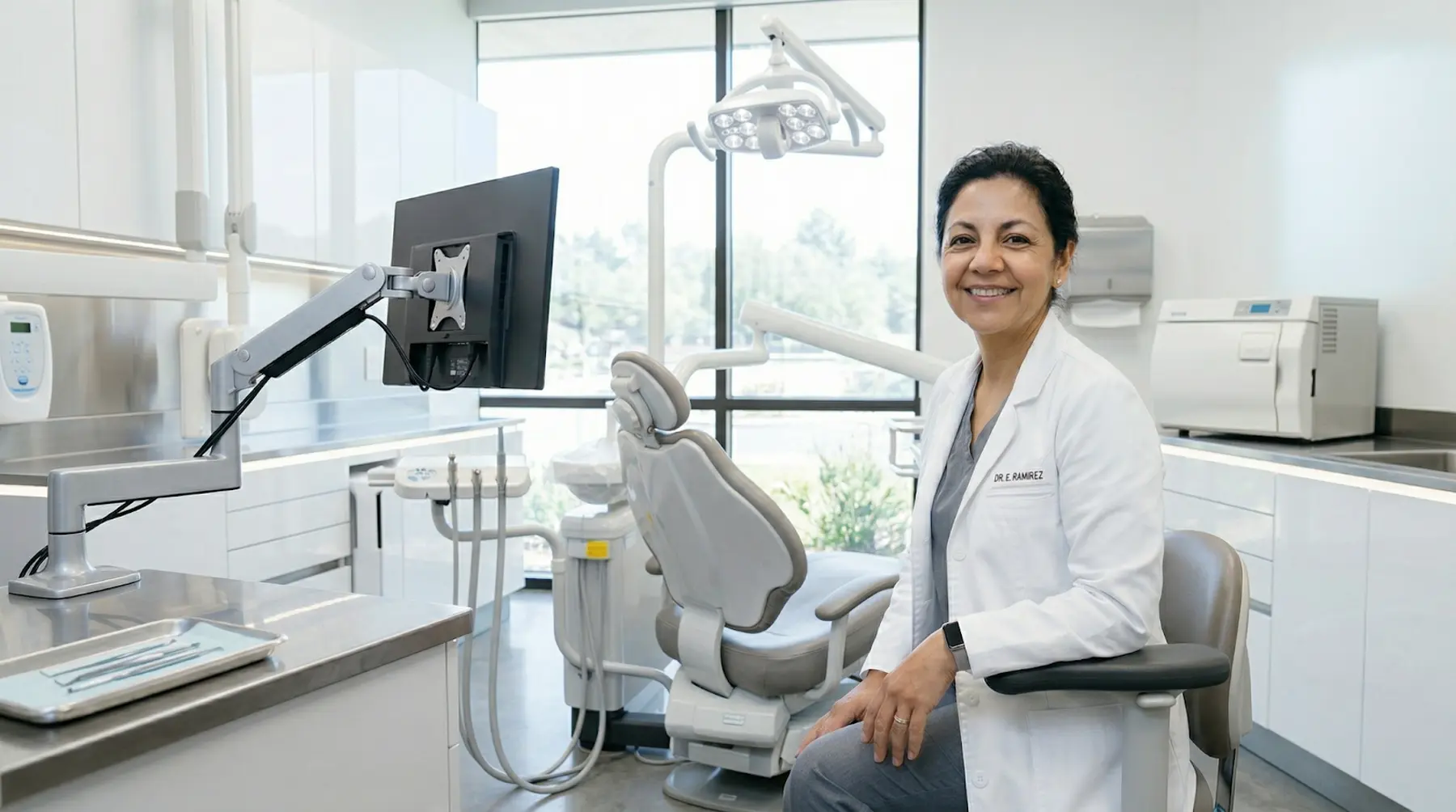 Smiling female dentist in a white coat seated in a modern dental office with dental chair and equipment.