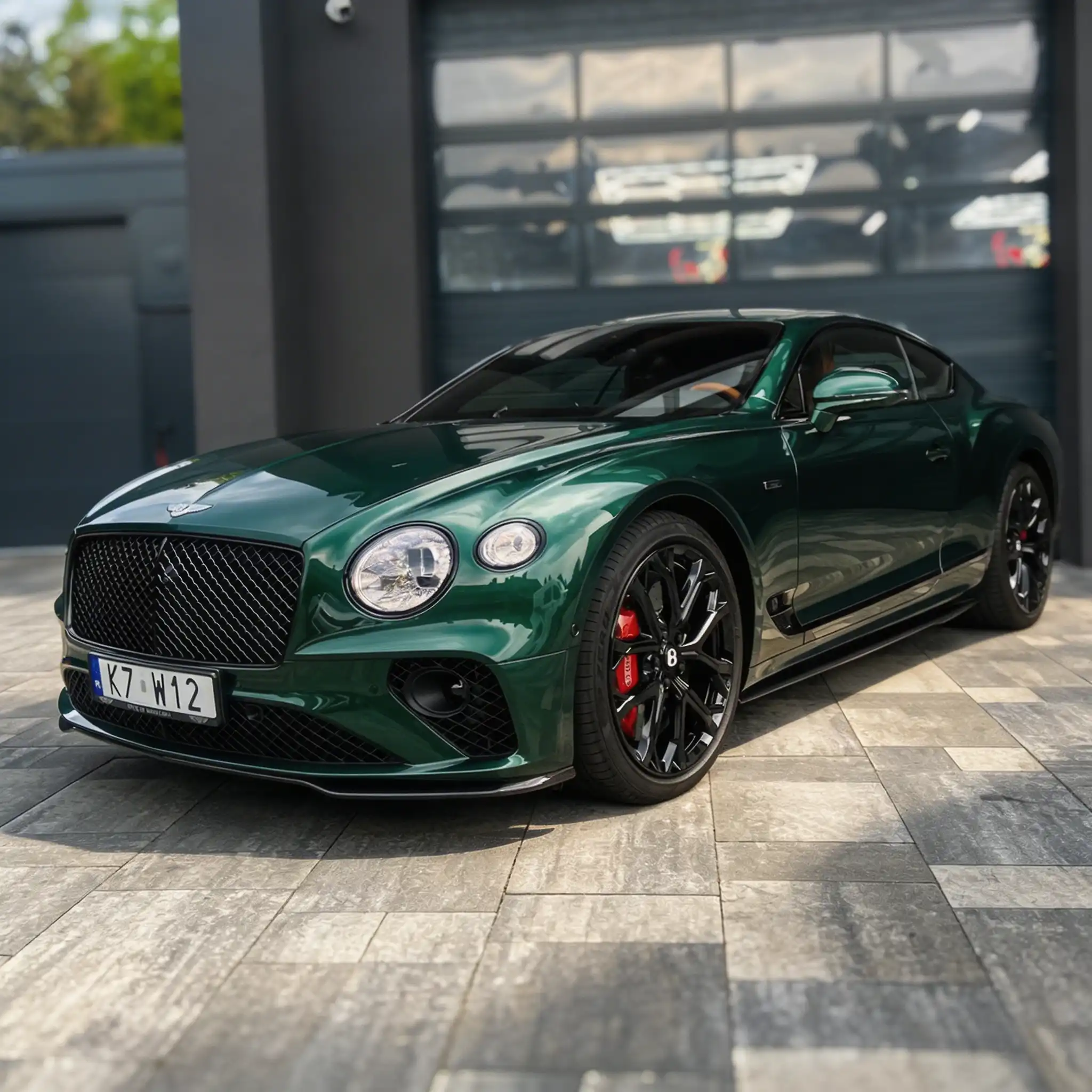 Bentley Continental w kolorze British Racing Green zabezpieczony przezroczystą folią ochronną PPF, widok od przodu i z boku. Lakier głęboko zielony z intensywnym połyskiem dzięki zastosowaniu PPF.
