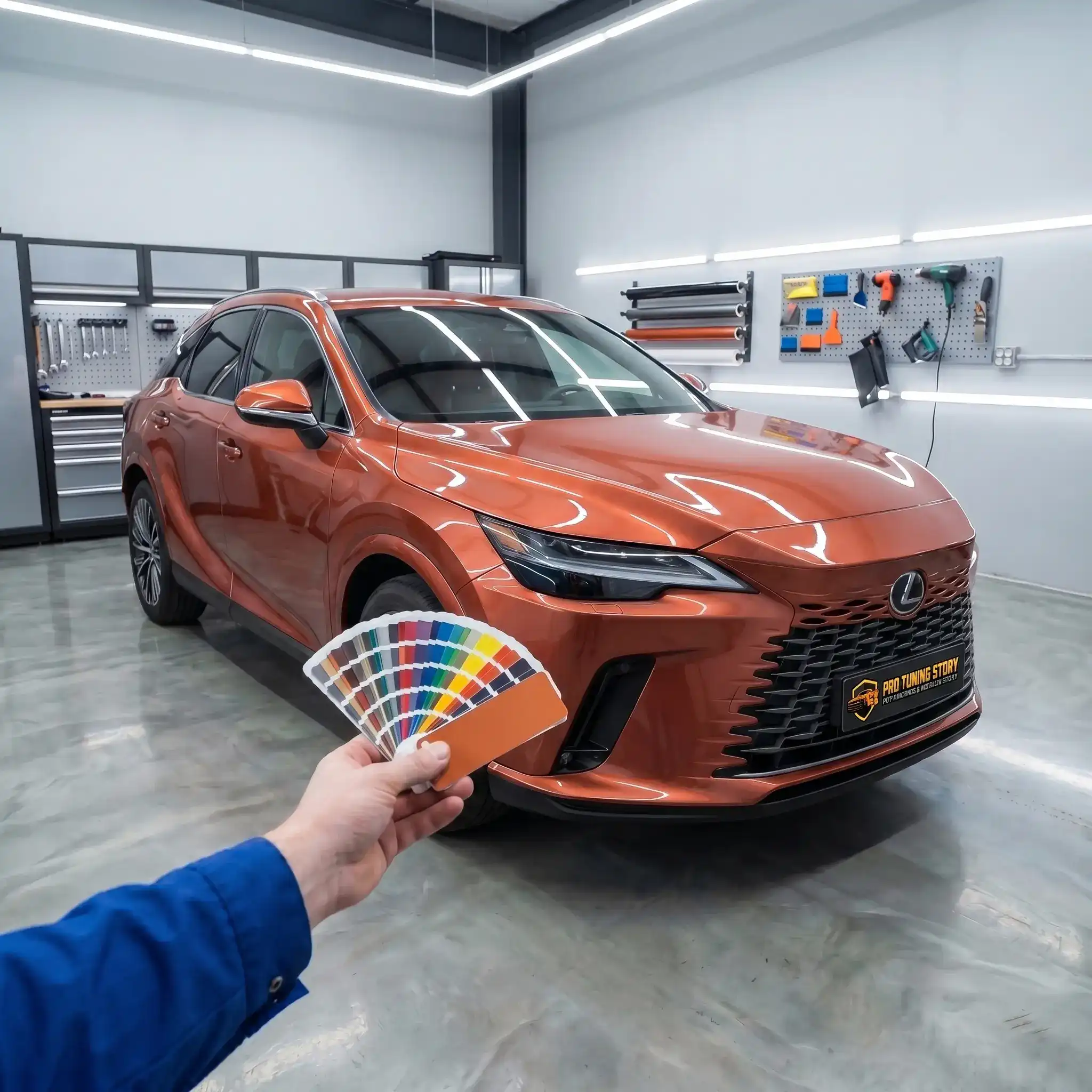 Pomarańczowe auto SUV w studiu tuningowym, oklejone folią PPF ze zmianą koloru, obok wachlarz kolorów folii