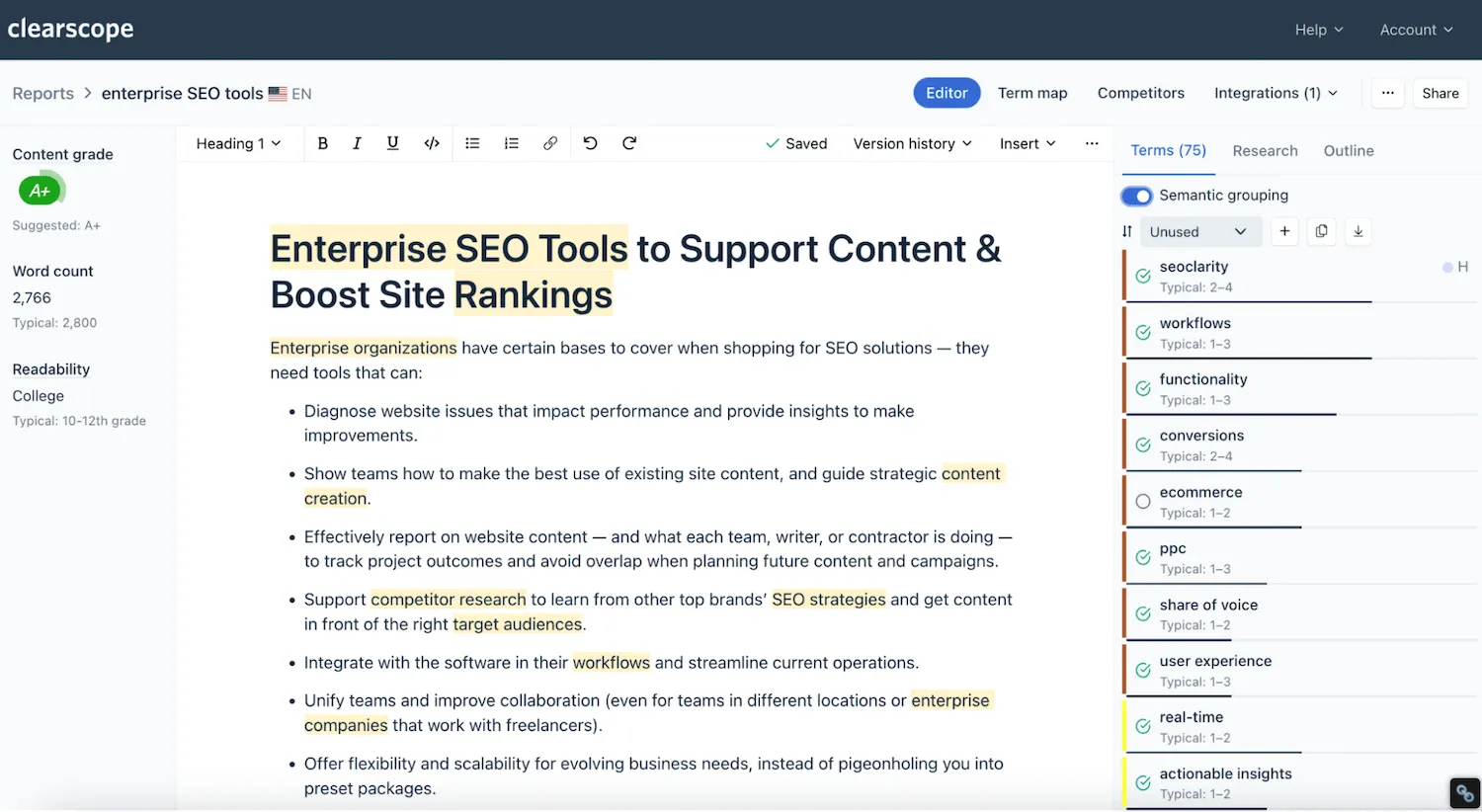 Clearscope content optimization platform overview