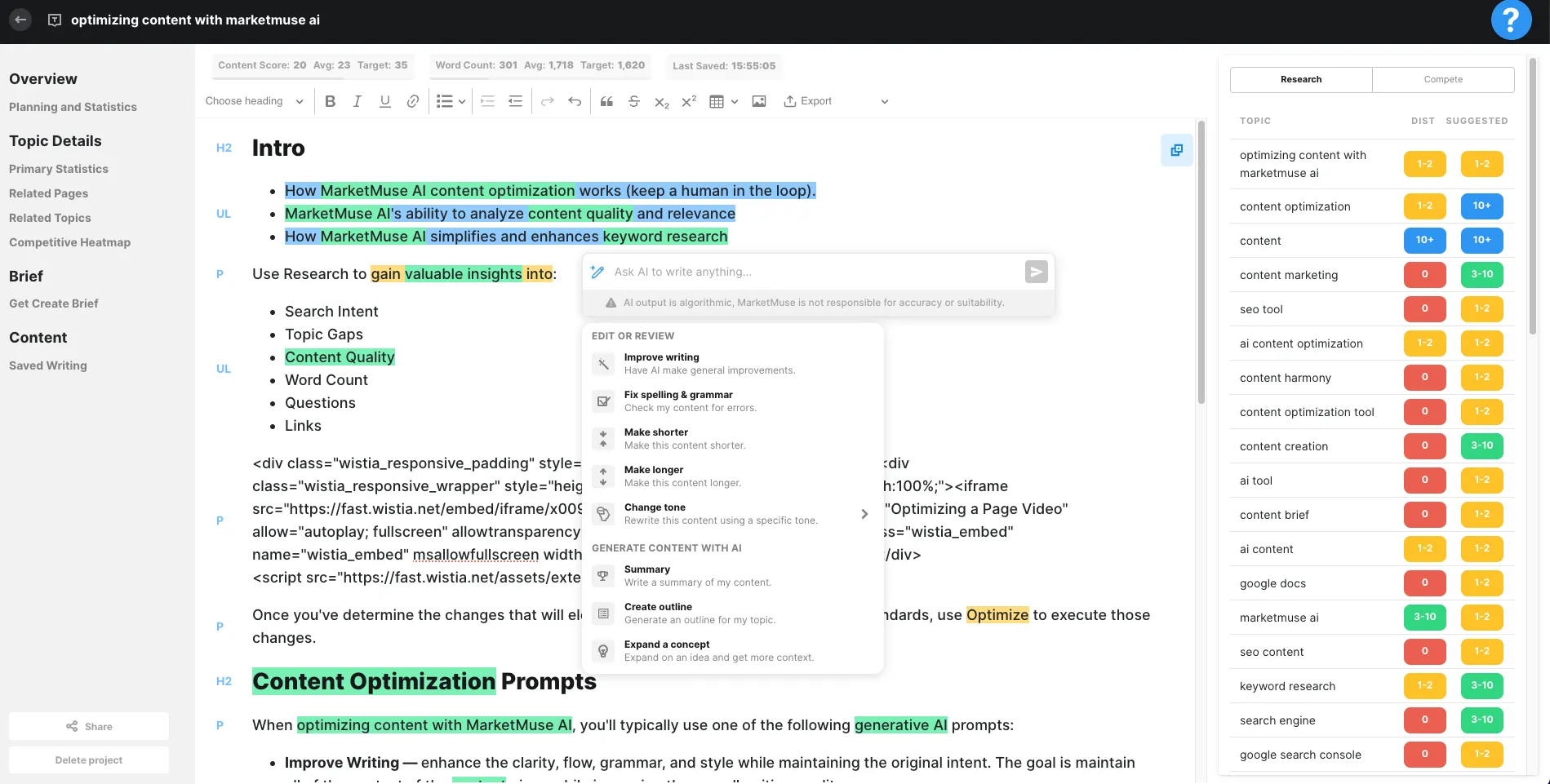 MarketMuse AI visibility tracking tool interface
