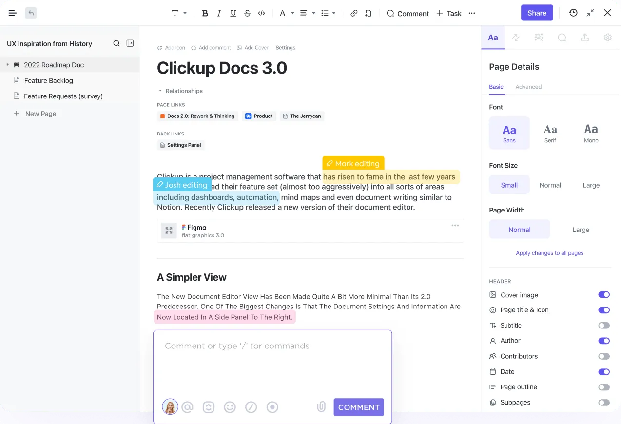 ClickUp Docs lightweight wiki interface