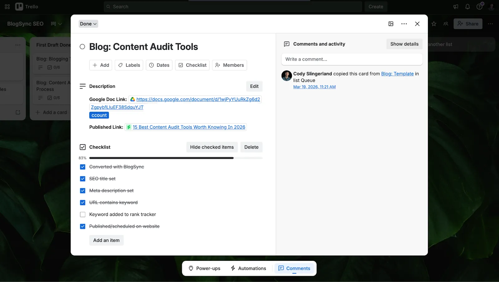 Trello Kanban board for editorial workflow management