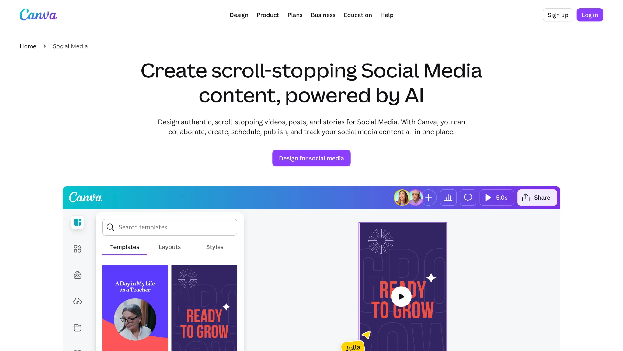 Canva offers extensive templates and AI tools