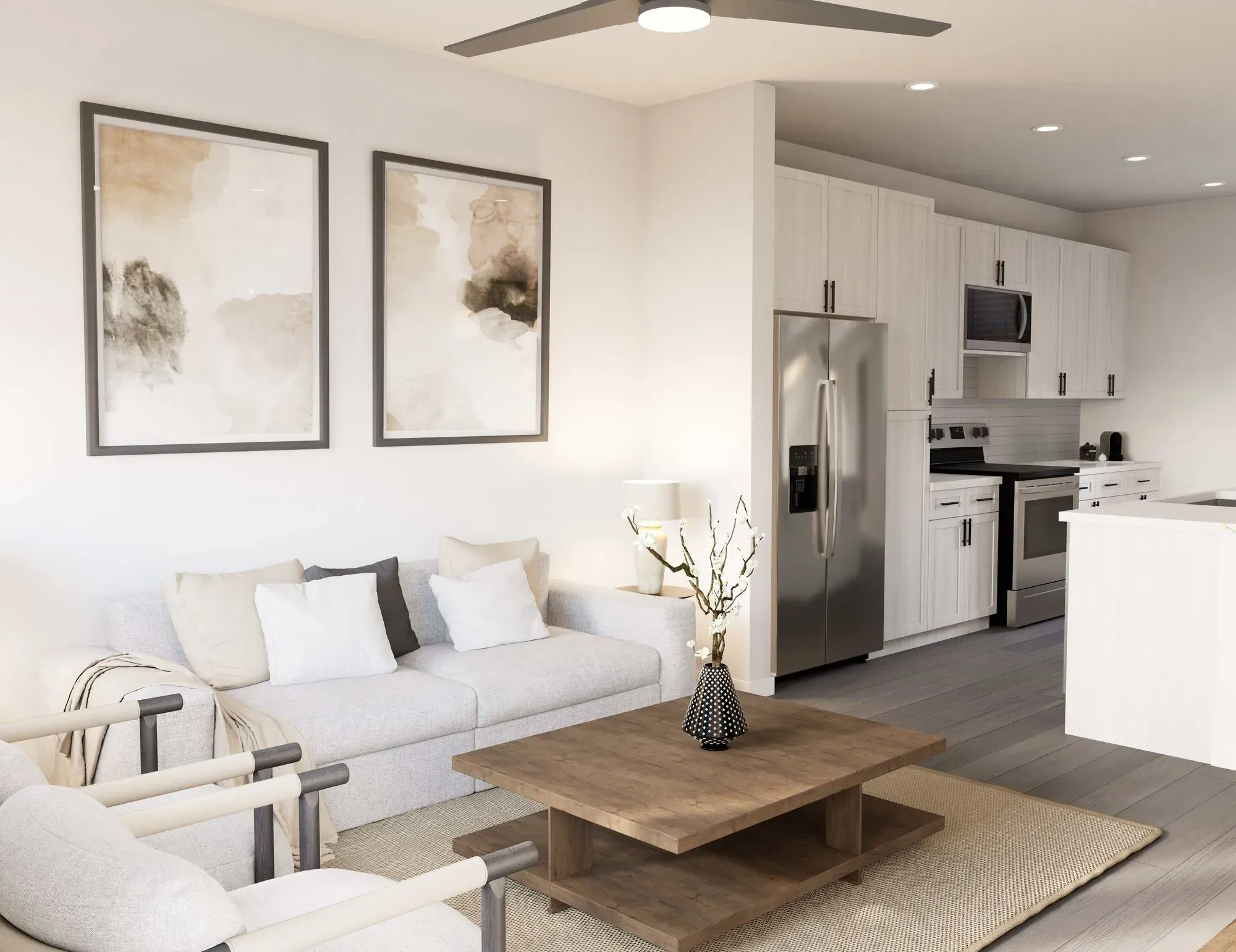 3D Rendering of furnished living area with view of kitchen