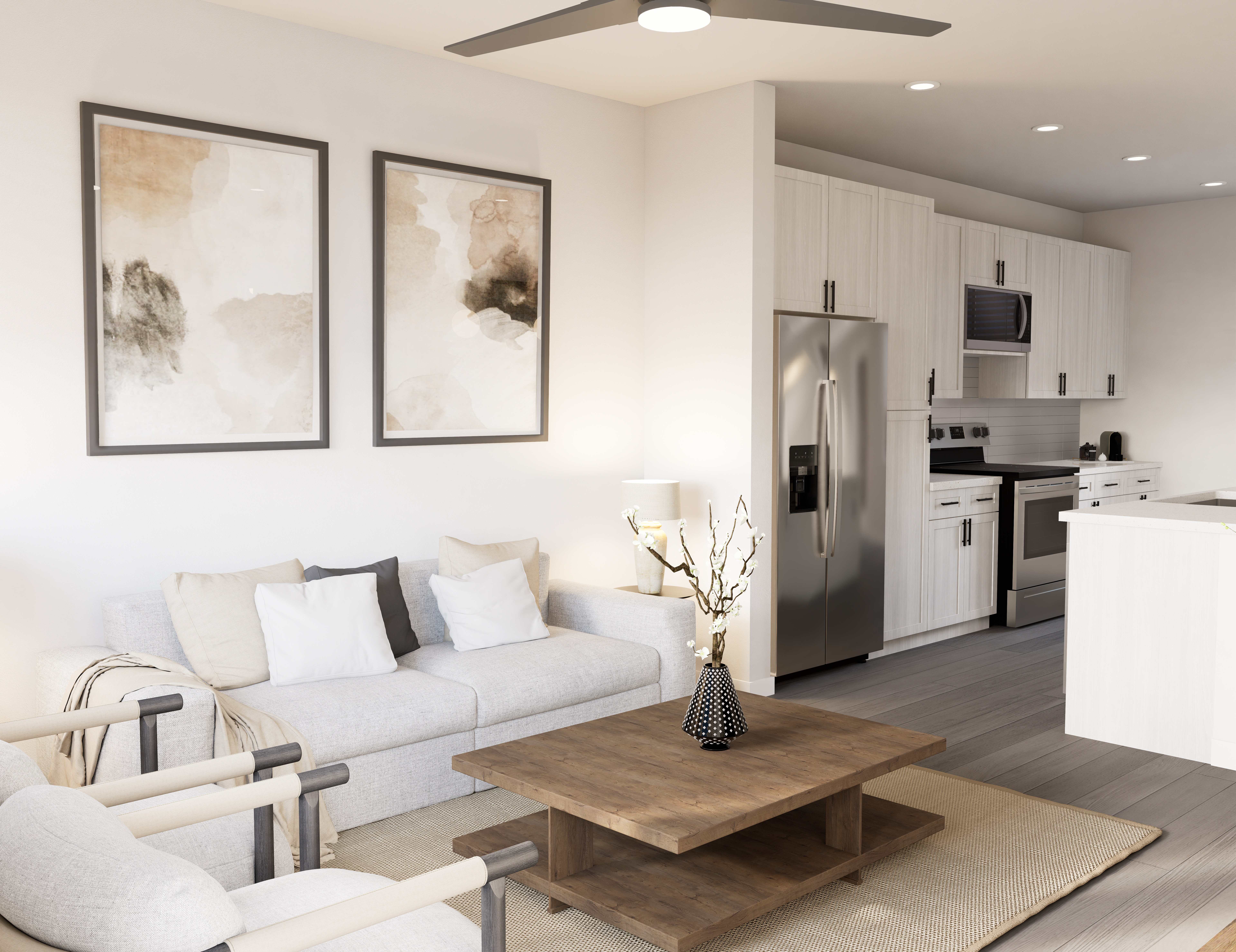 3D Rendering of furnished living area with view of kitchen