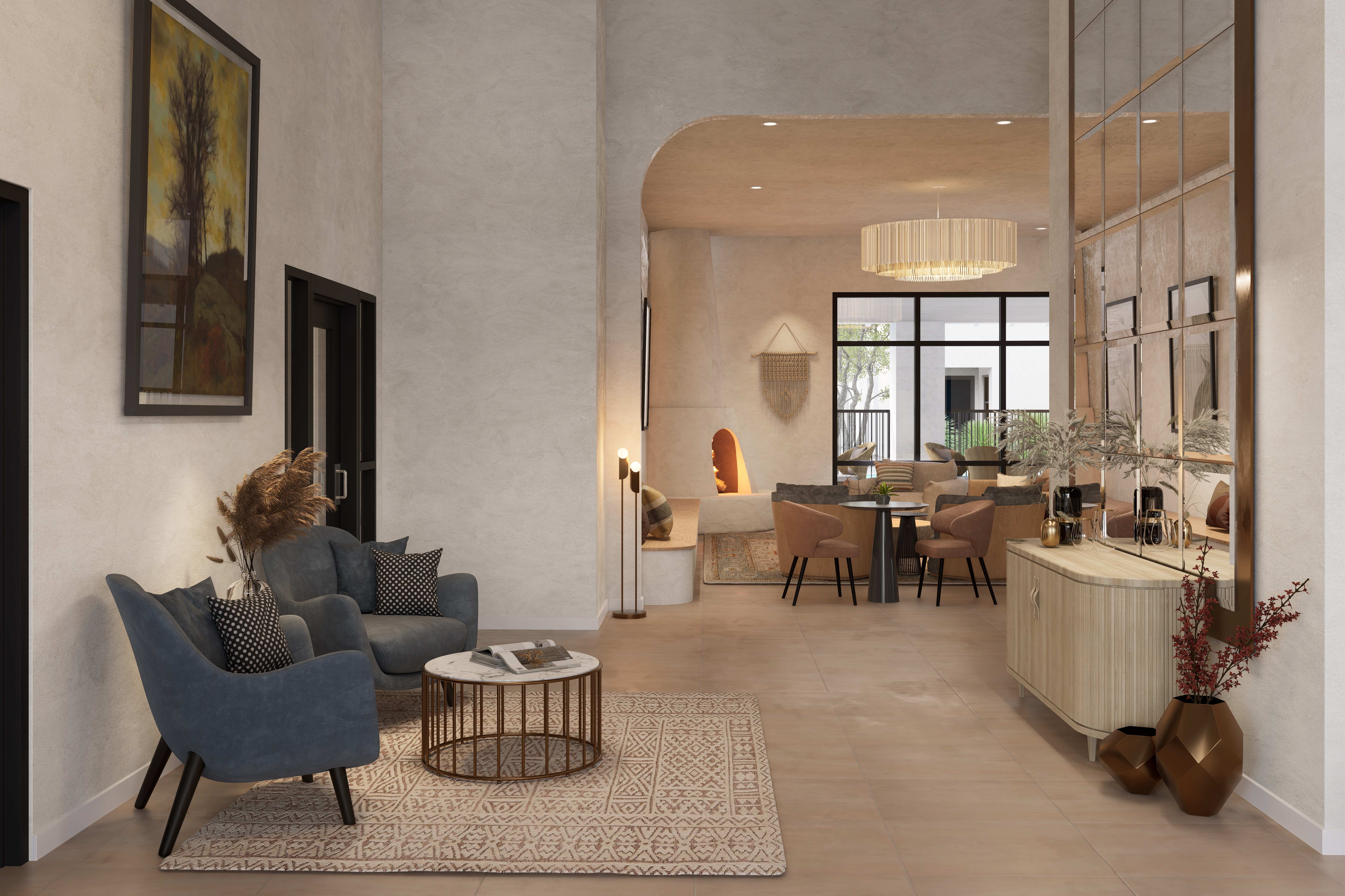 Resident clubhouse lounge with various seating options, modern light fixtures, and a view of the pool area at The Eleanor Daytona Beach in Daytona Beach, Florida.