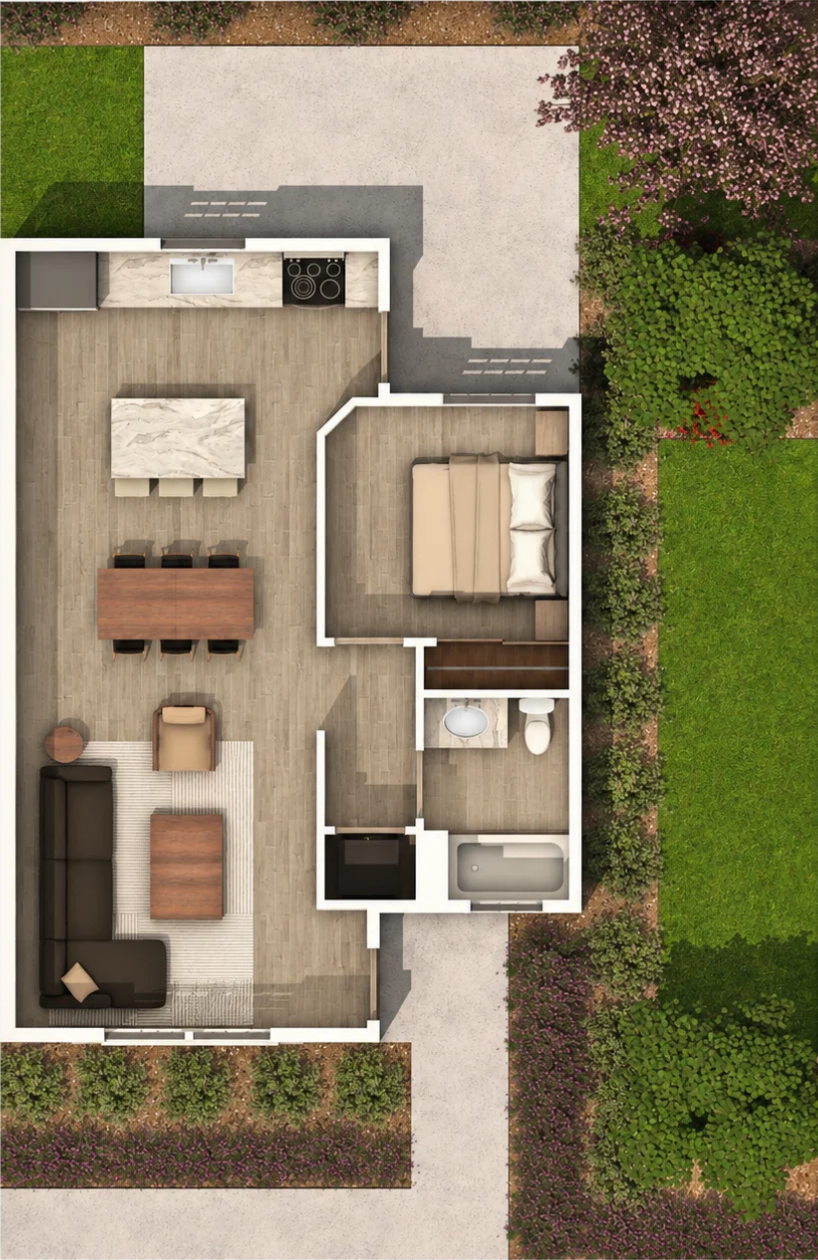 Rendering of 1 bedroom, 1 bathroom floor plan.