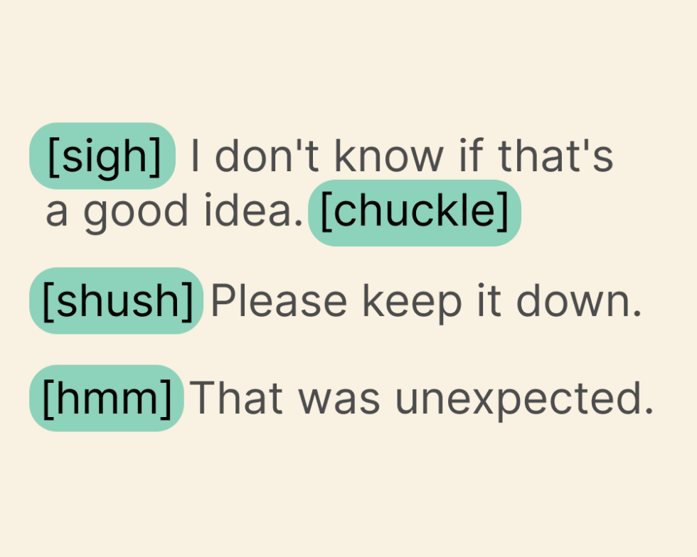 Paralinguistic prompting diagram showing text tags driving vocal reactions in a cloned voice
