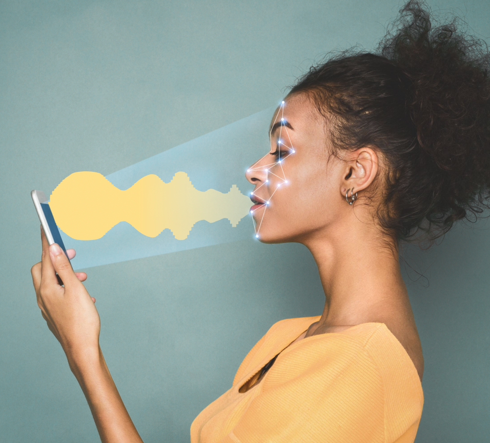 Person speaking into a phone, illustrating lip-sync and full video synthesis