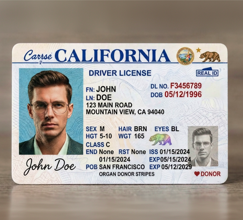 Fabricated California driver's license, illustrating synthetic identity documents