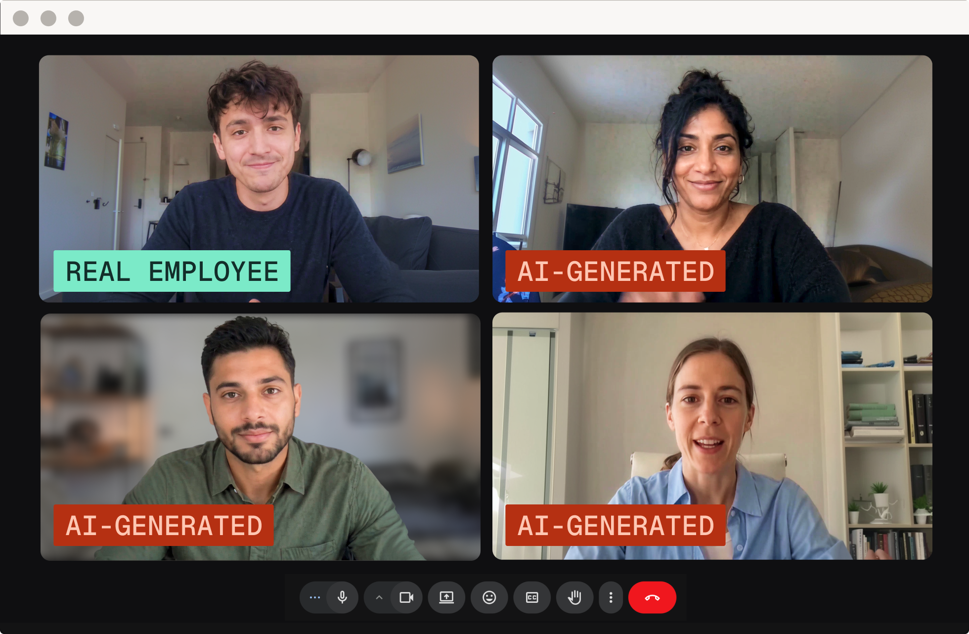 Video meeting grid showing one real employee and three AI-generated participants