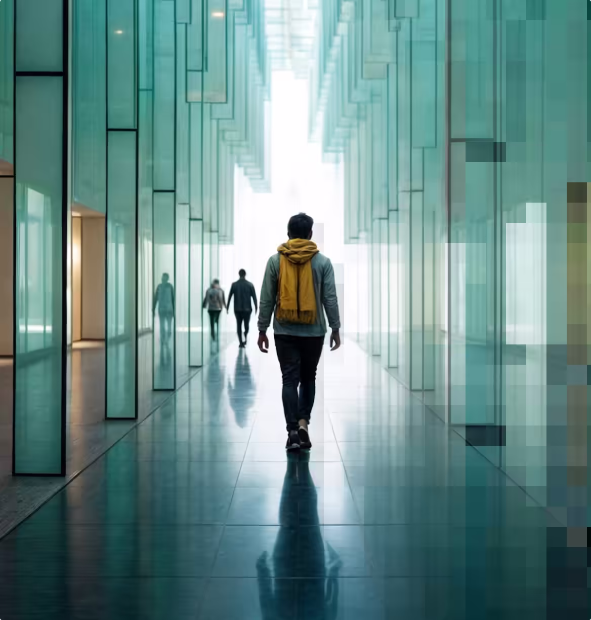 Person walking through a modern glass corridor