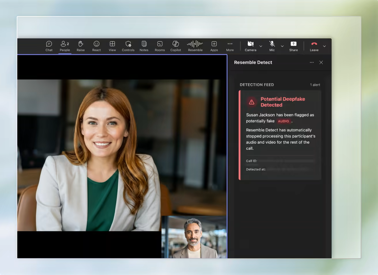 Resemble Detect flagging a potential deepfake participant inside a Microsoft Teams meeting