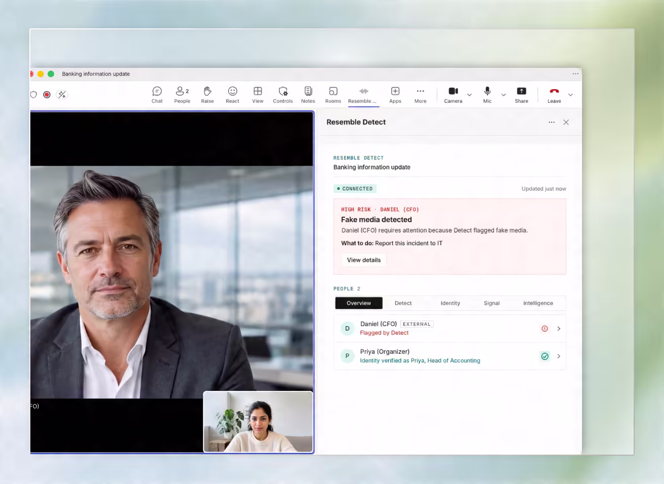 Resemble Detect flagging a potential deepfake participant inside a Microsoft Teams meeting