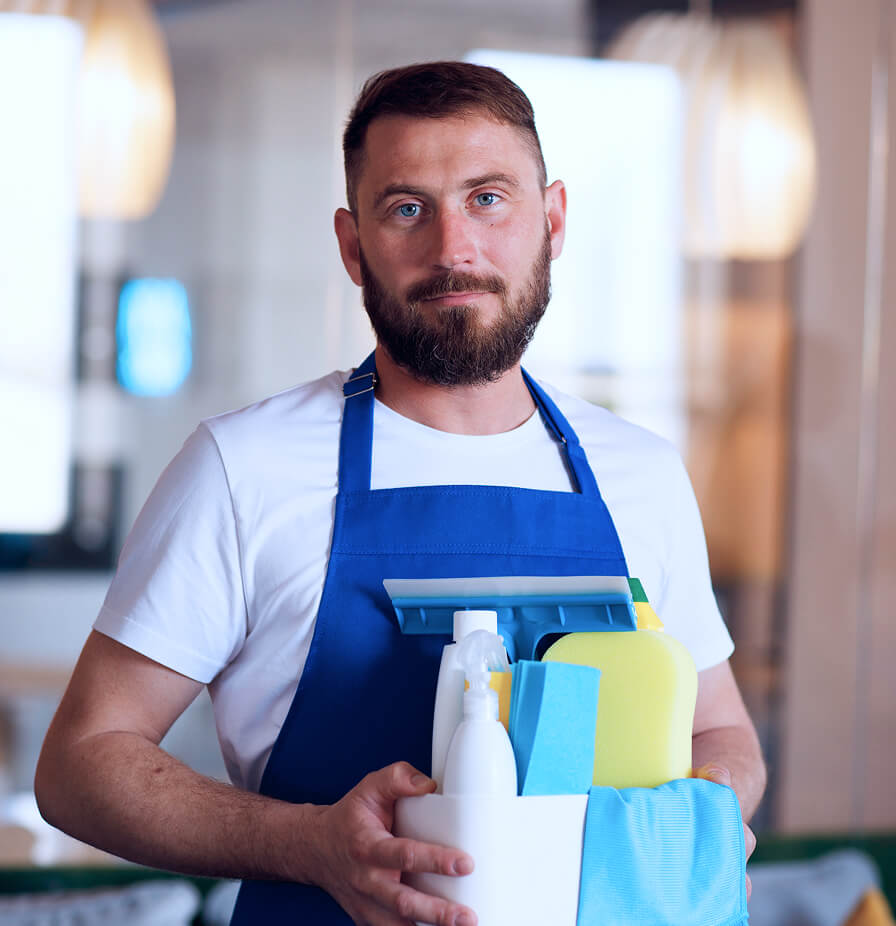 Professional Cleaning Service Person Holding Supplies