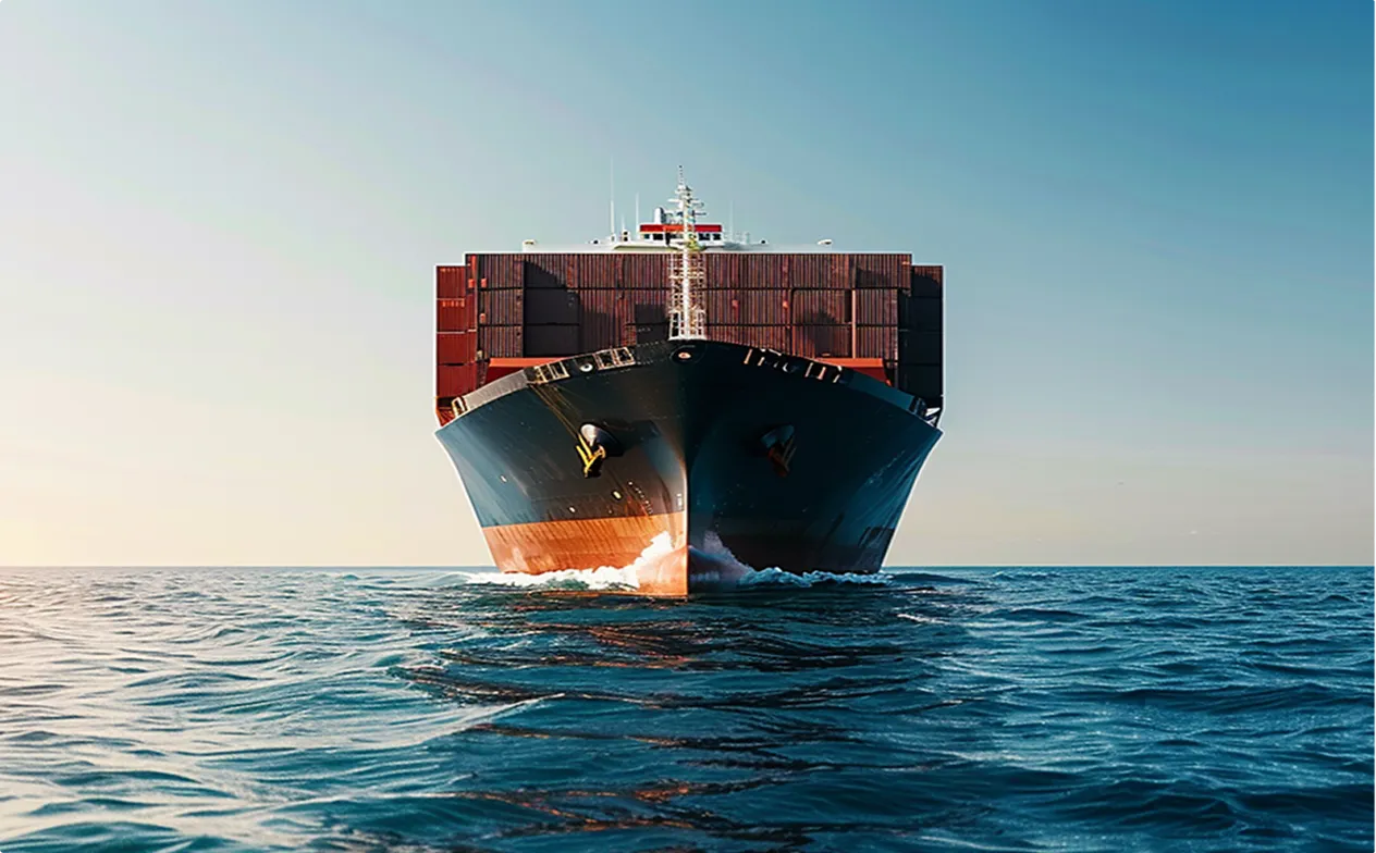 Front view of a large container cargo ship sailing through calm blue ocean waters under a clear sky, shows where NeoMethanol can possibly be used