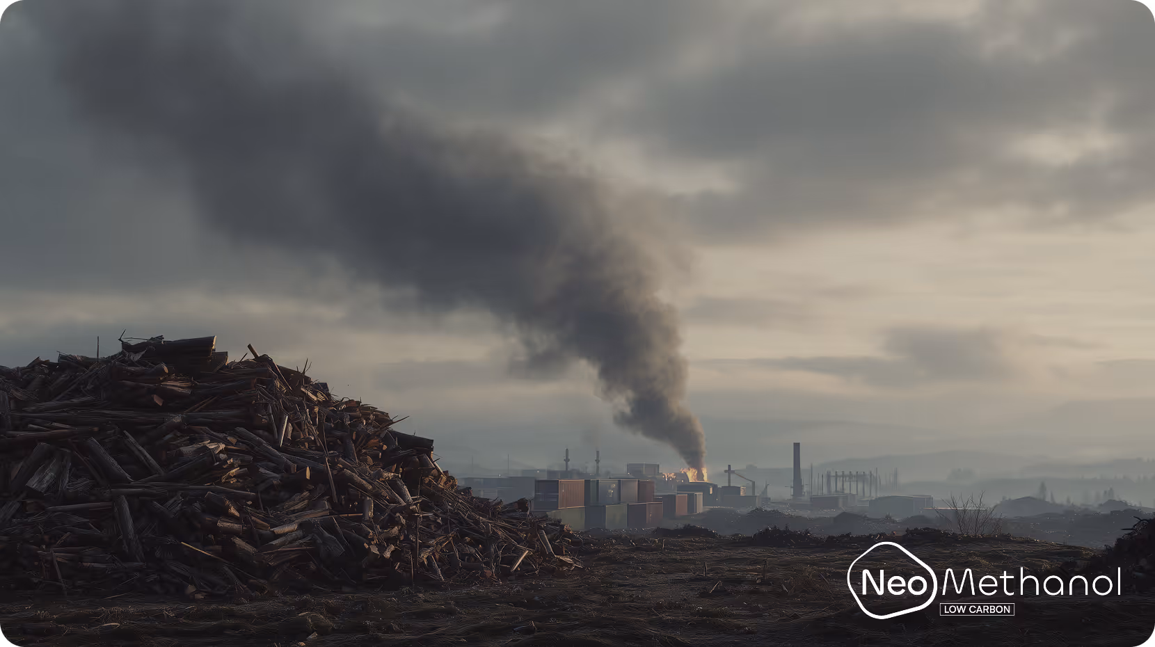 Industrial scene with large wood piles in the foreground and thick black smoke rising from a factory chimney under a cloudy sky: Illustrates the current problem - which NeoMethanol tries to reduce